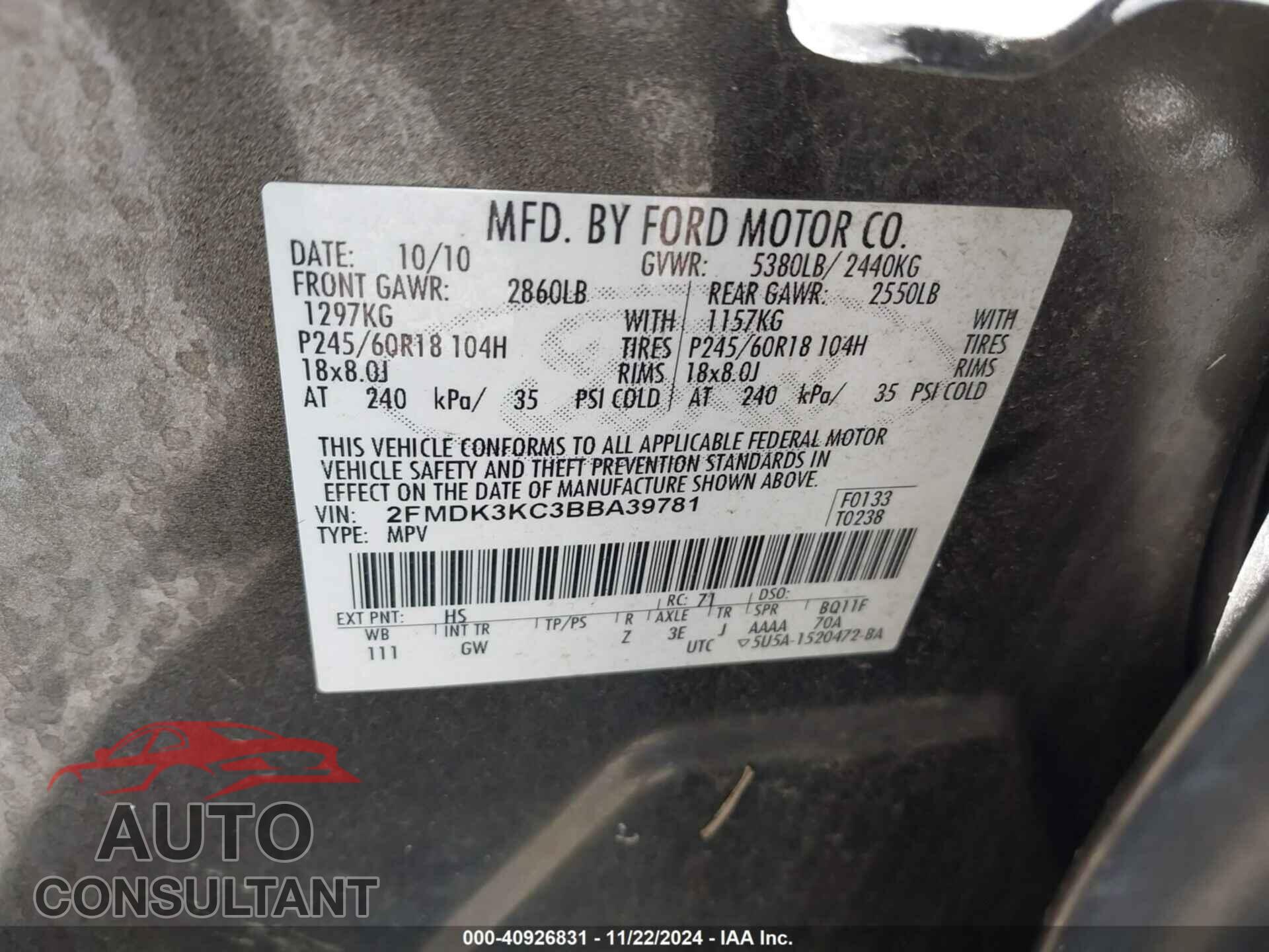 FORD EDGE 2011 - 2FMDK3KC3BBA39781