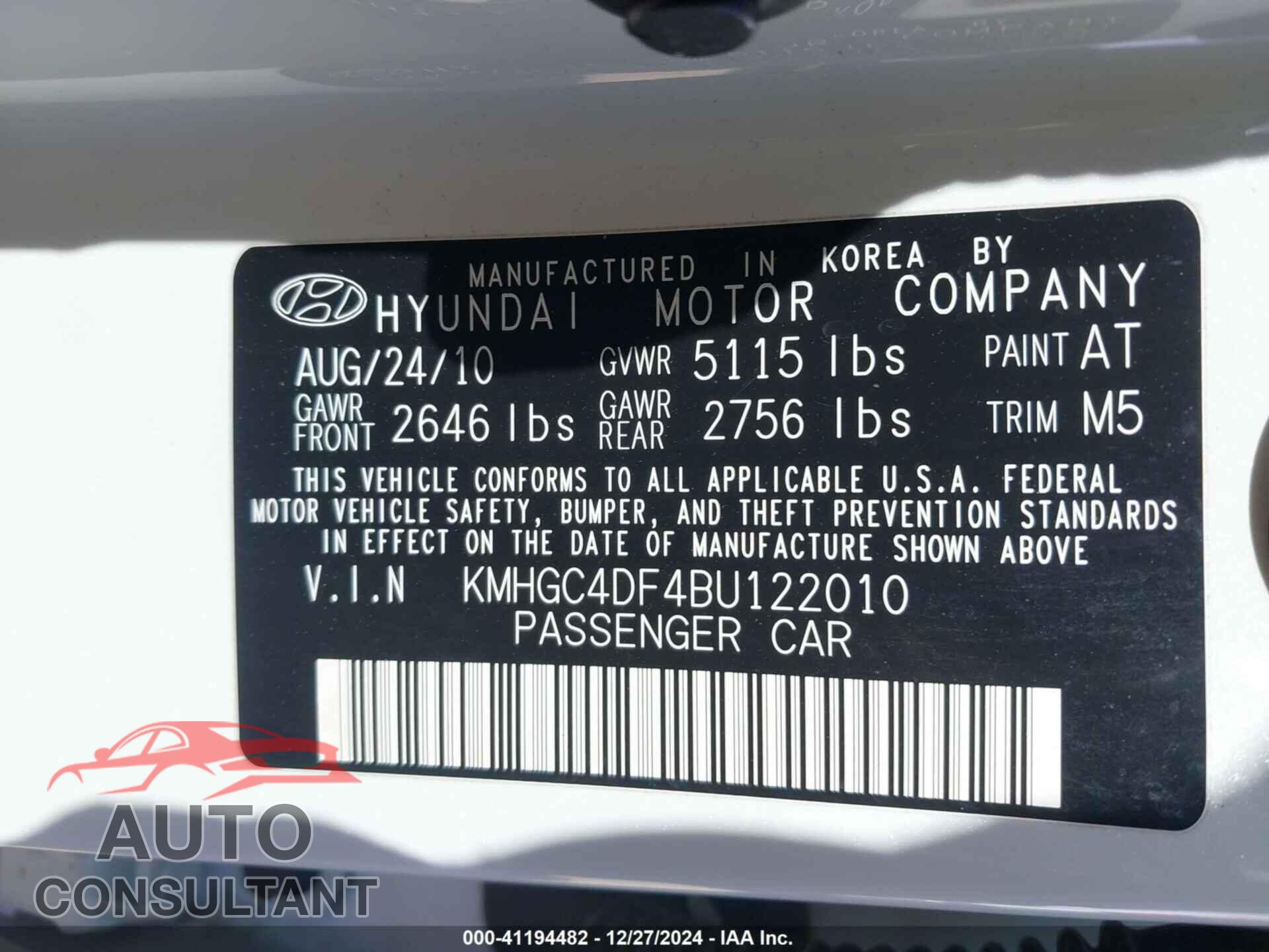 HYUNDAI GENESIS 2011 - KMHGC4DF4BU122010