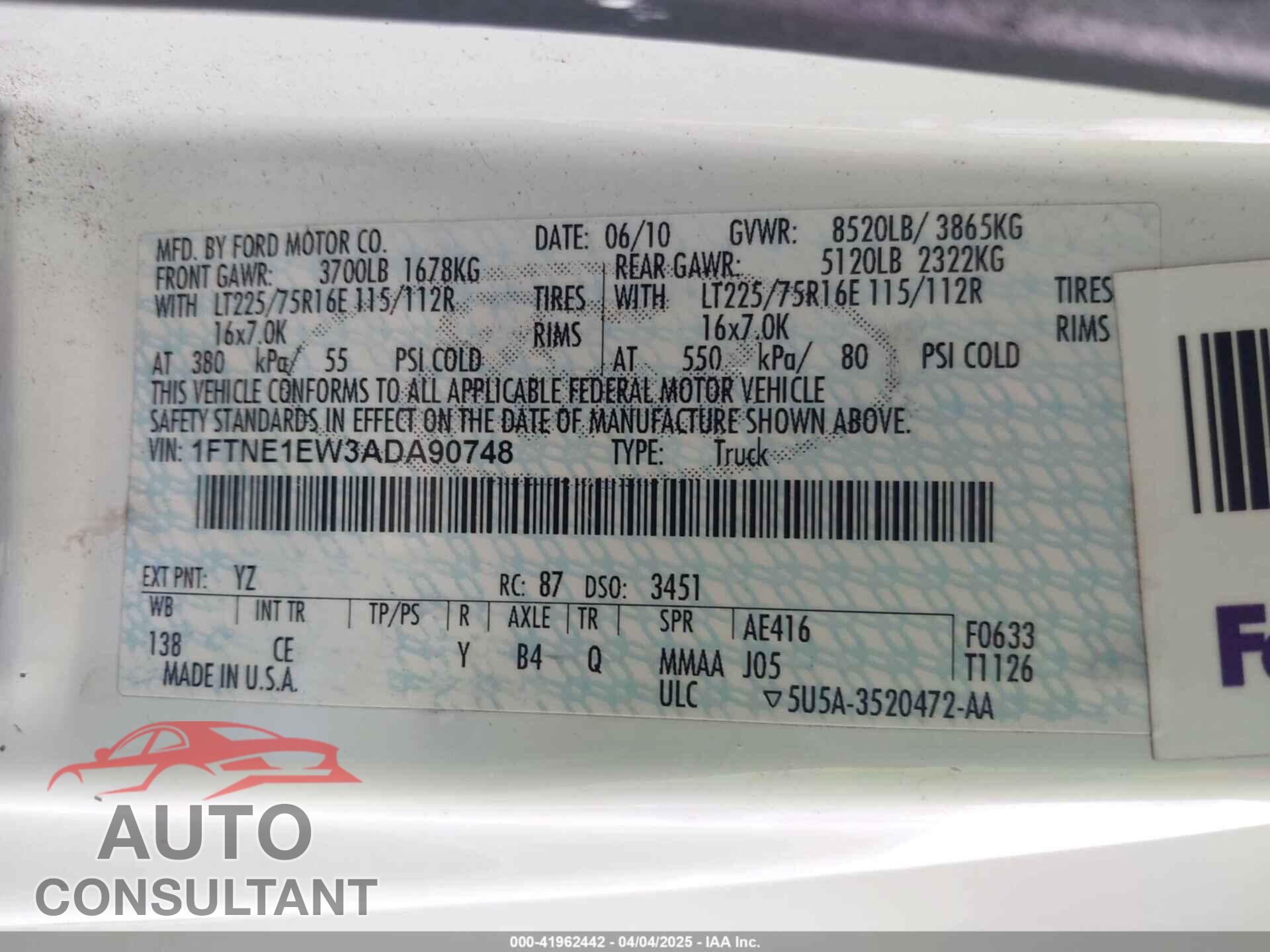 FORD E-150 2010 - 1FTNE1EW3ADA90748