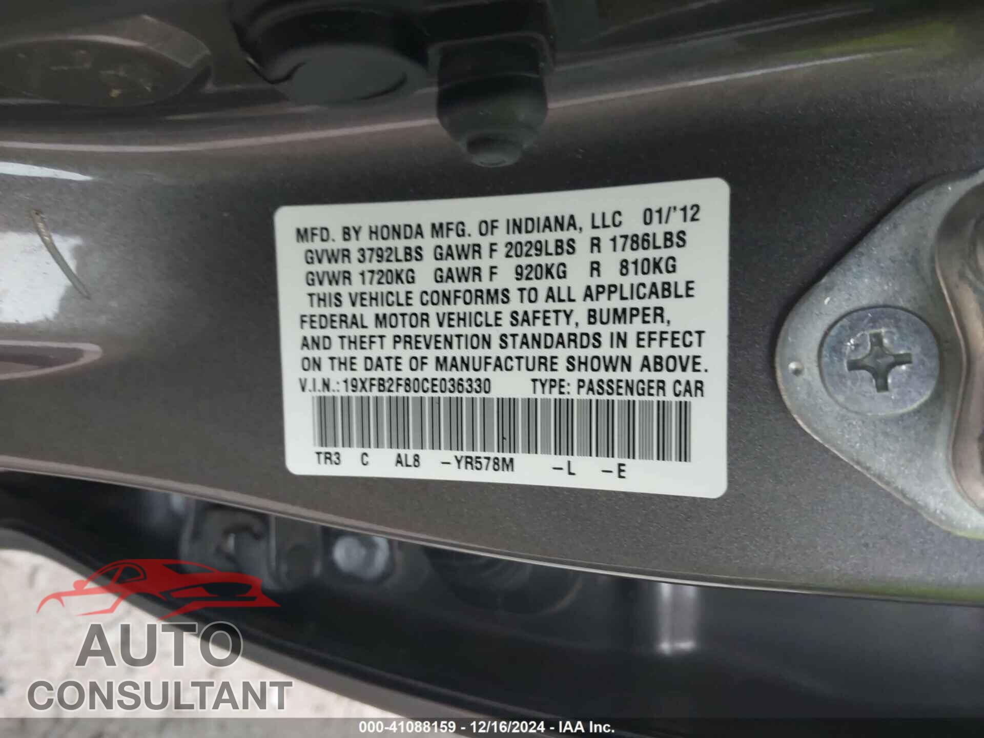 HONDA CIVIC 2012 - 19XFB2F80CE036330