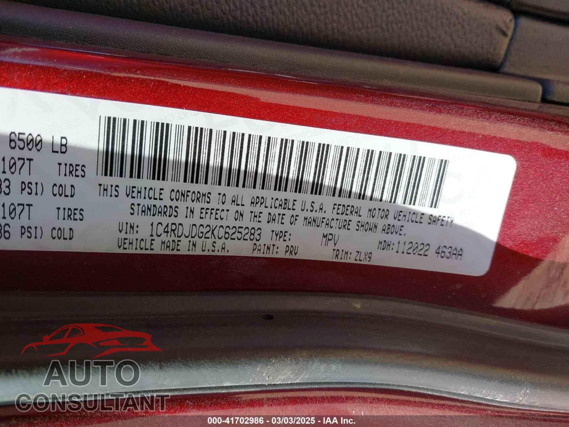 DODGE DURANGO 2019 - 1C4RDJDG2KC625283