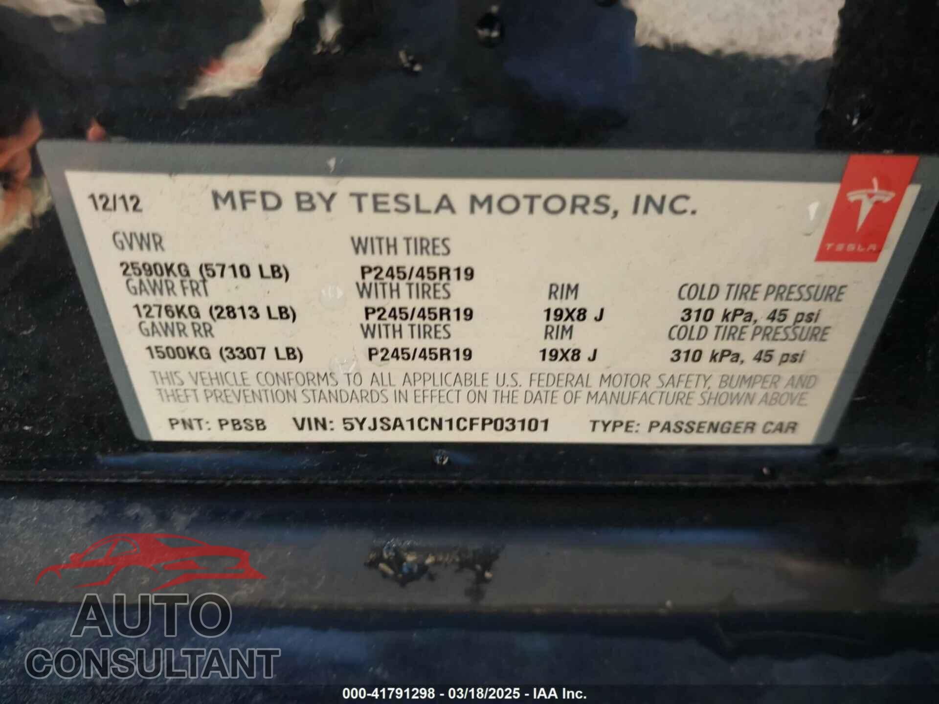 TESLA MODEL S 2012 - 5YJSA1CN1CFP03101