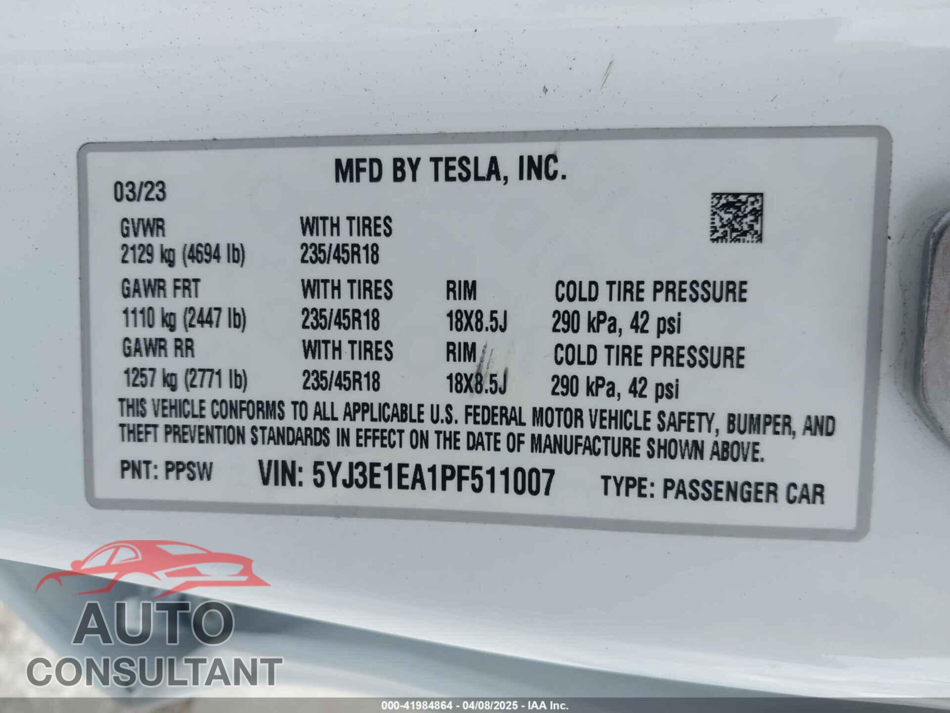 TESLA MODEL 3 2023 - 5YJ3E1EA1PF511007