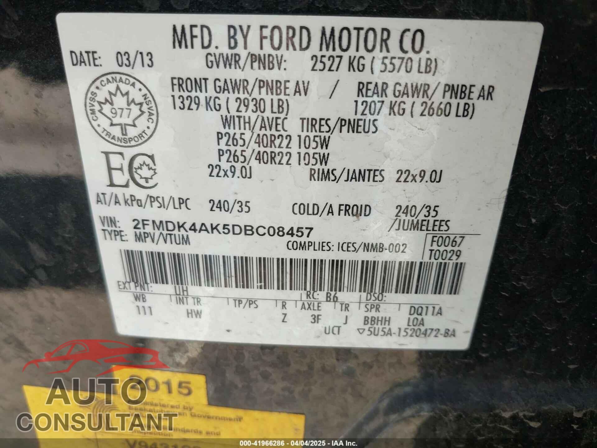 FORD EDGE 2013 - 2FMDK4AK5DBC08457