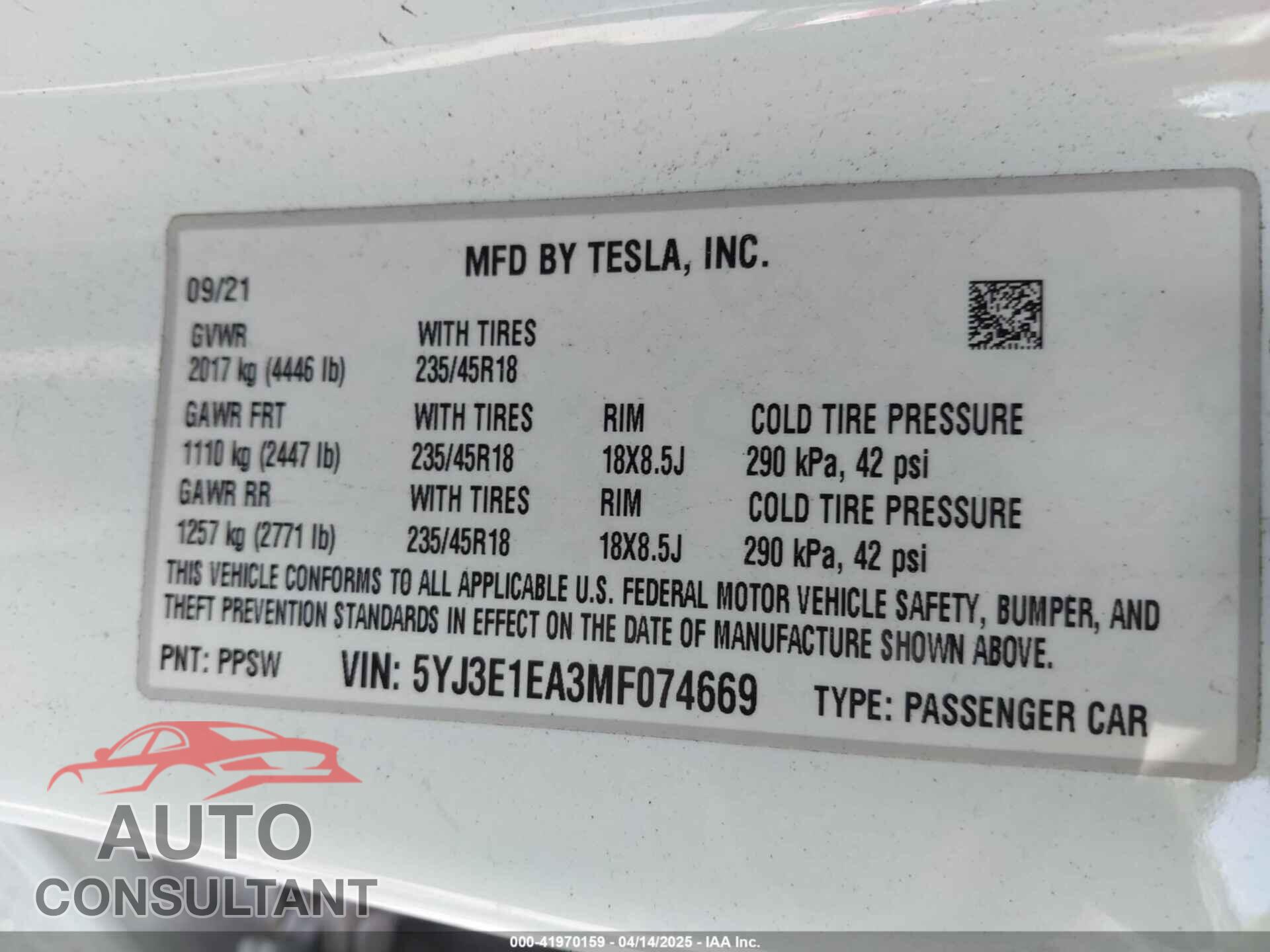 TESLA MODEL 3 2021 - 5YJ3E1EA3MF074669