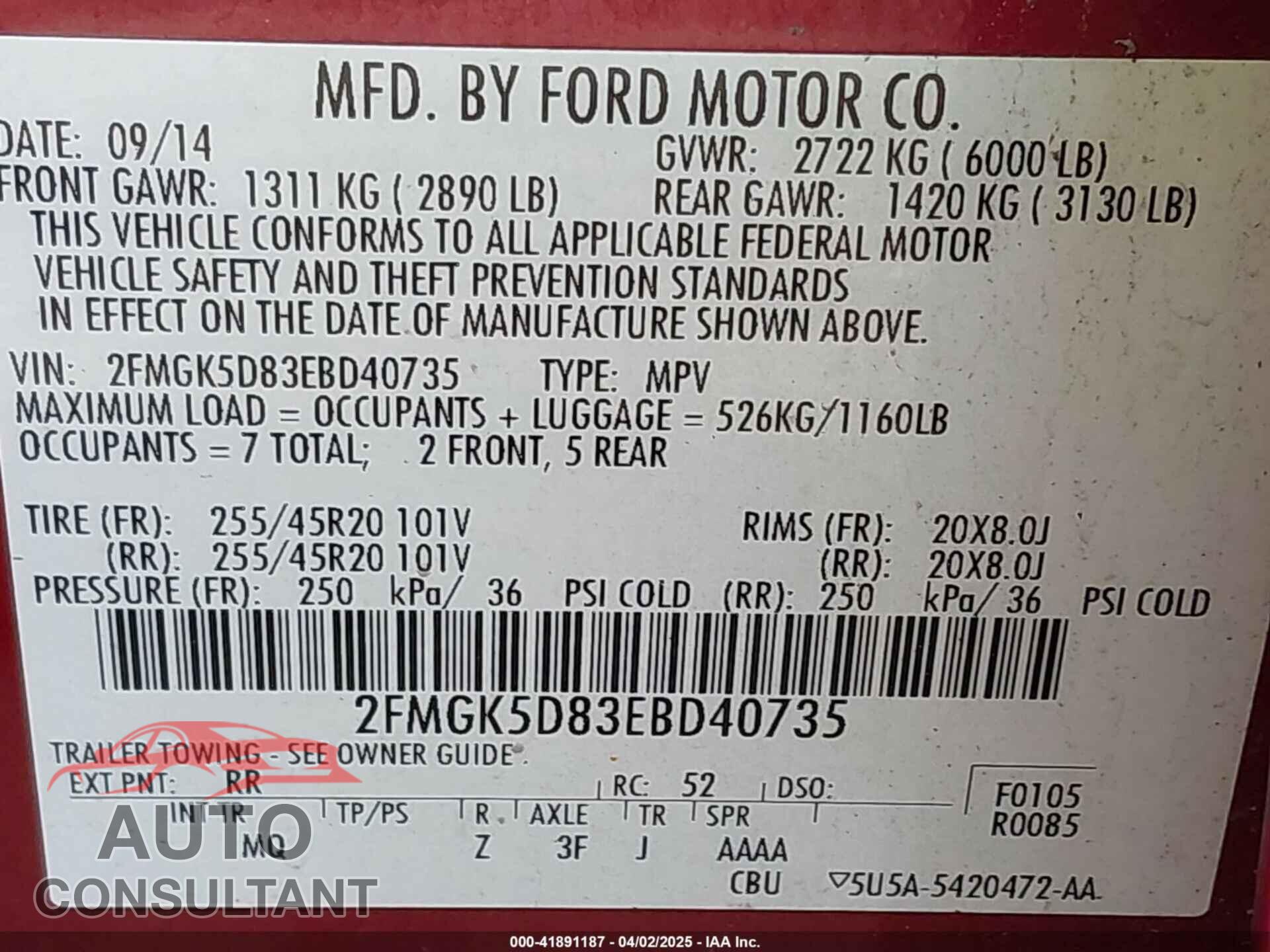 FORD FLEX 2014 - 2FMGK5D83EBD40735