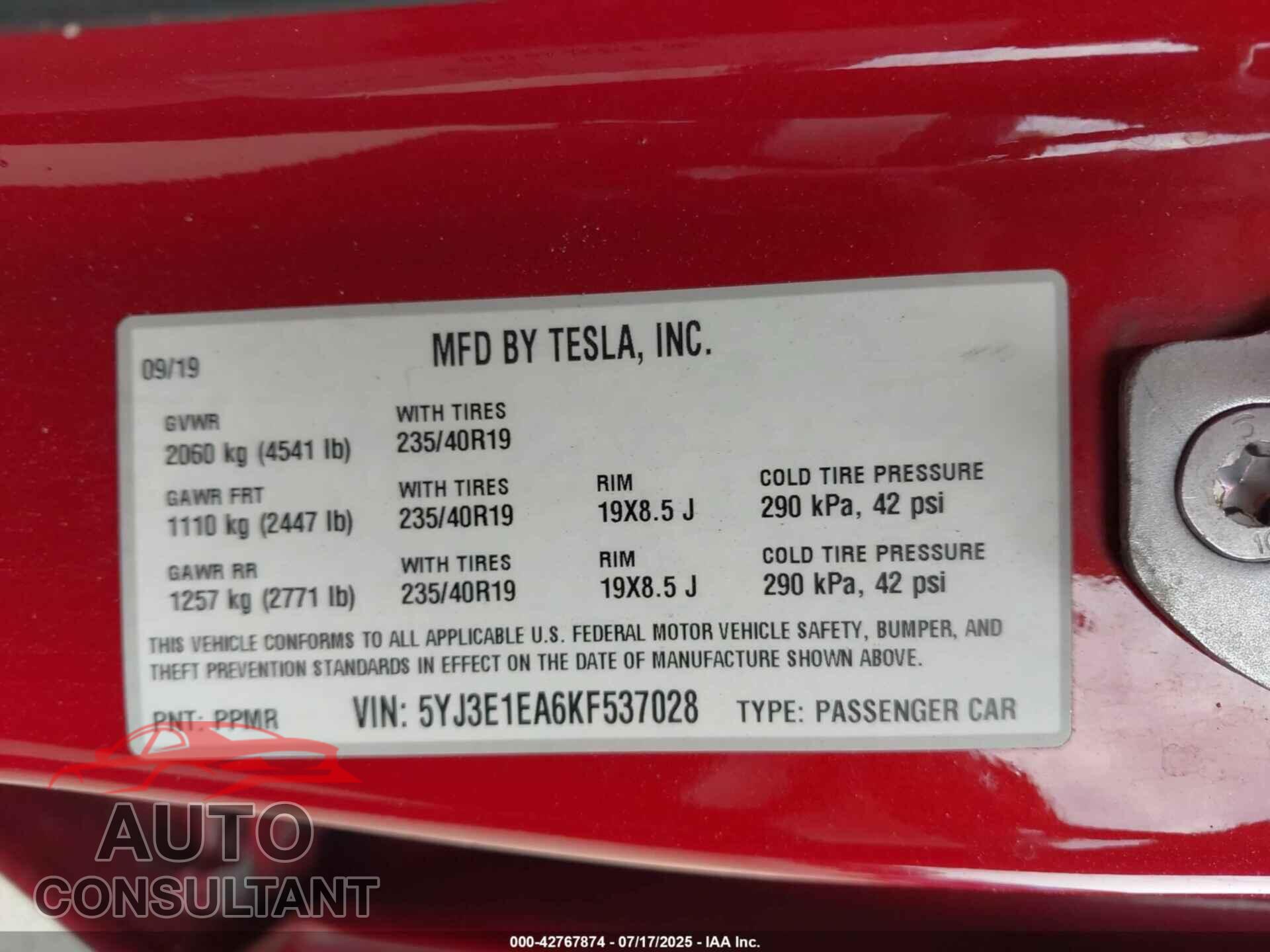 TESLA MODEL 3 2019 - 5YJ3E1EA6KF537028