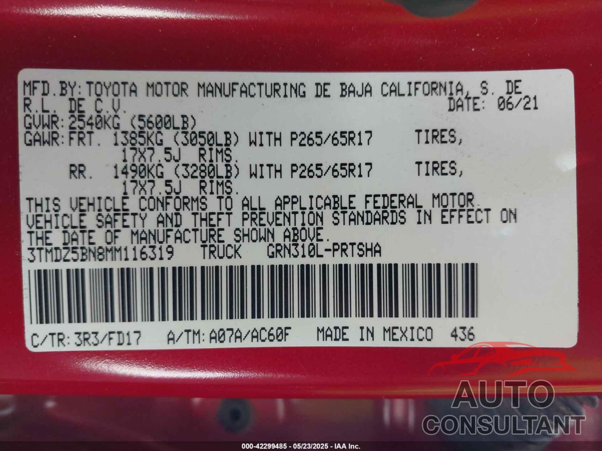 TOYOTA TACOMA 2021 - 3TMDZ5BN8MM116319