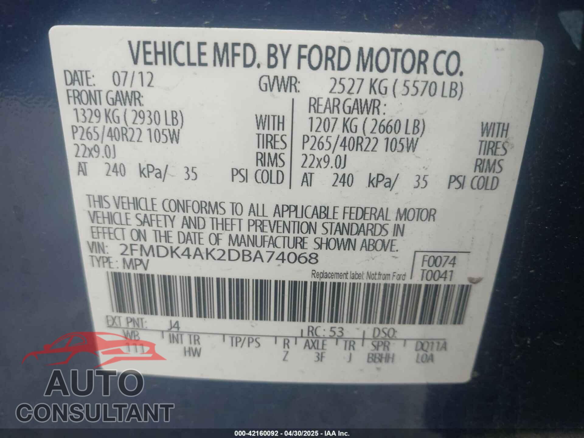 FORD EDGE 2013 - 2FMDK4AK2DBA74068