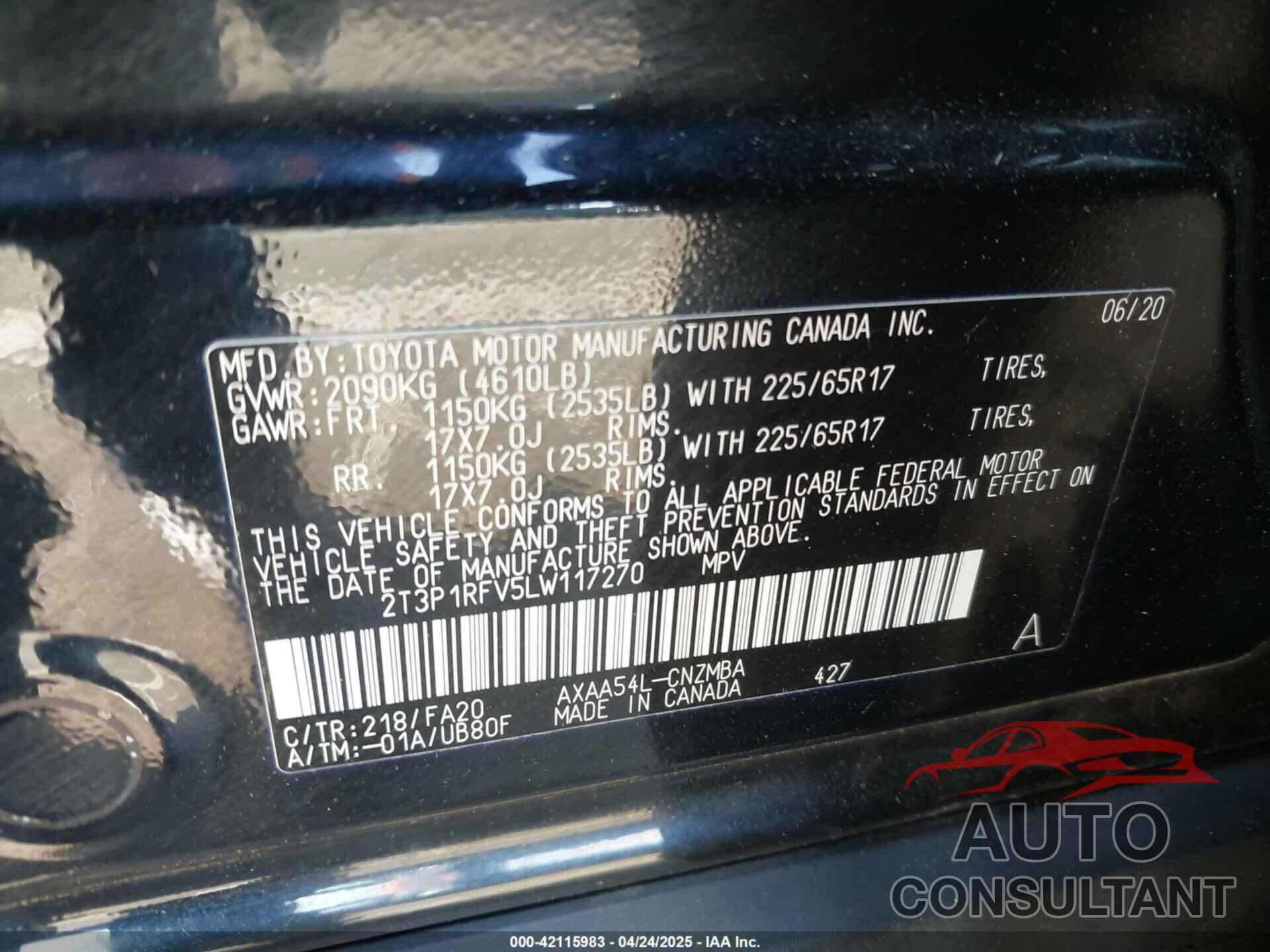 TOYOTA RAV4 2020 - 2T3P1RFV5LW117270