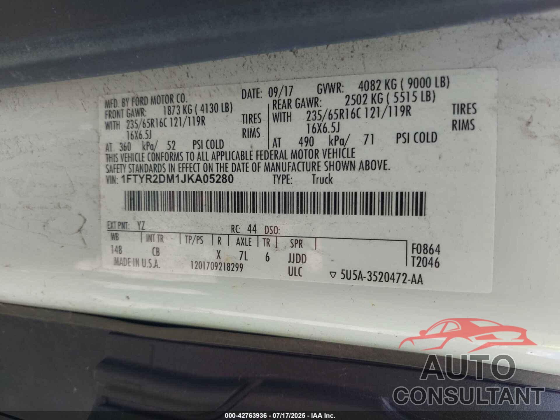 FORD TRANSIT-250 2018 - 1FTYR2DM1JKA05280
