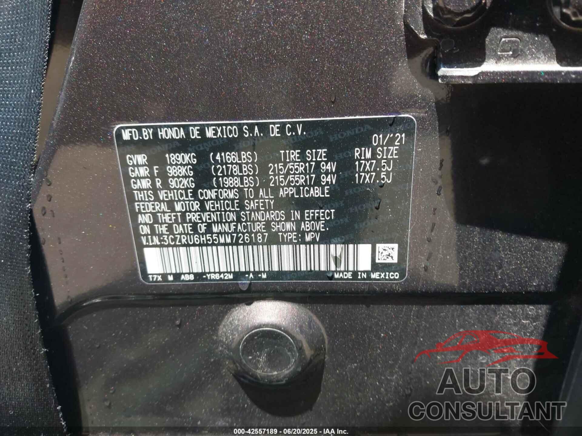HONDA HR-V 2021 - 3CZRU6H55MM726187