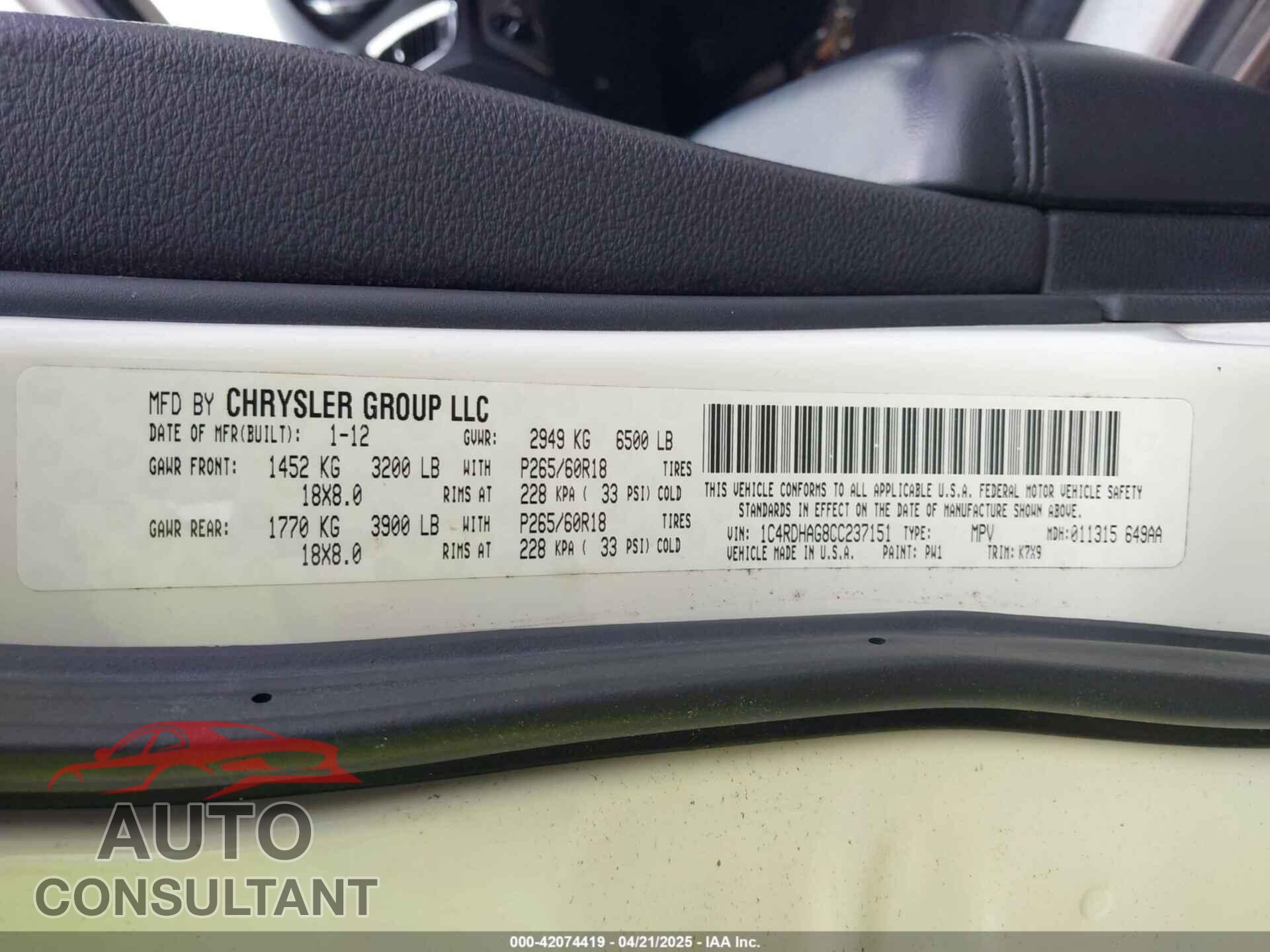 DODGE DURANGO 2012 - 1C4RDHAG8CC237151