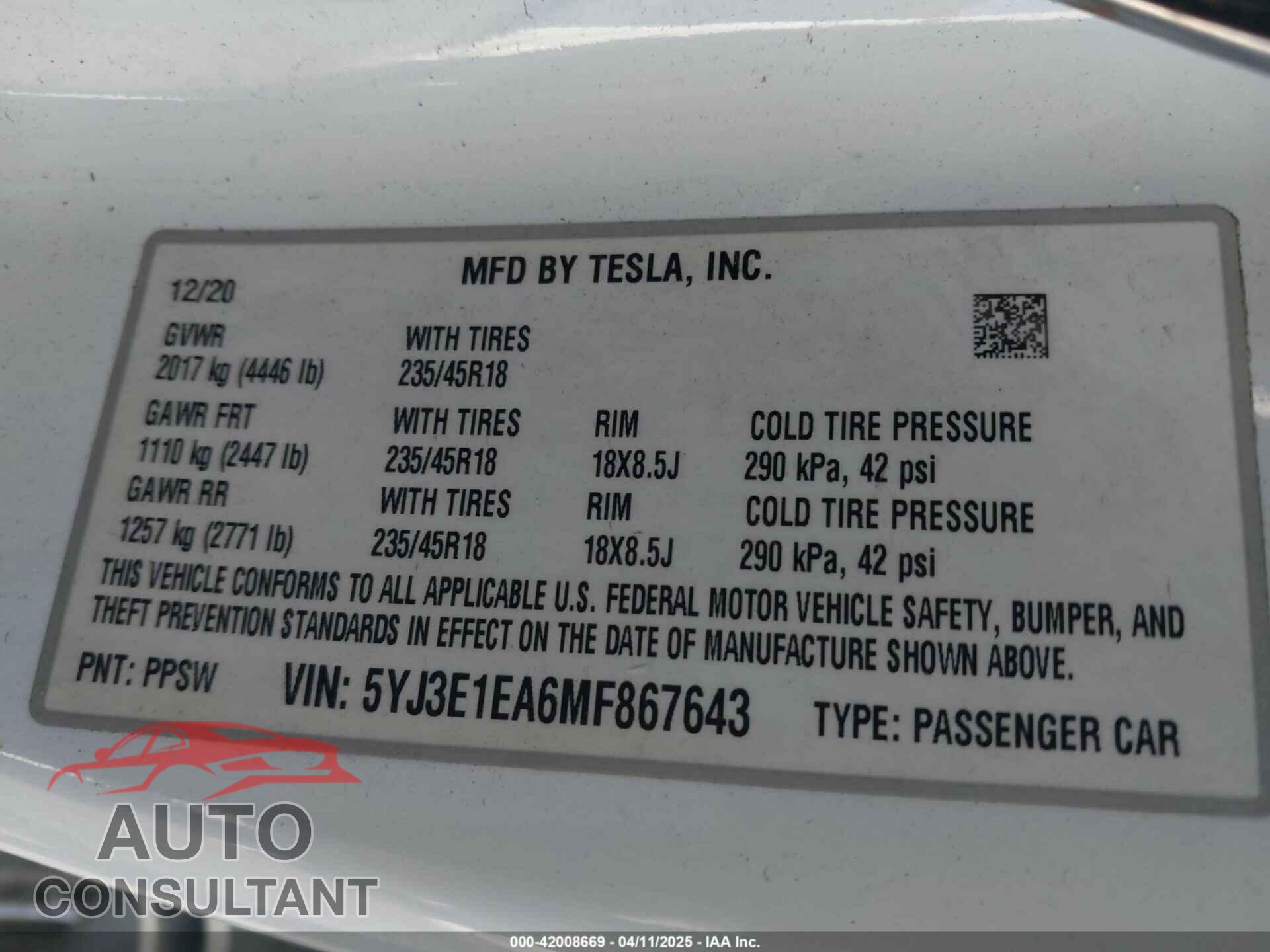 TESLA MODEL 3 2021 - 5YJ3E1EA6MF867643
