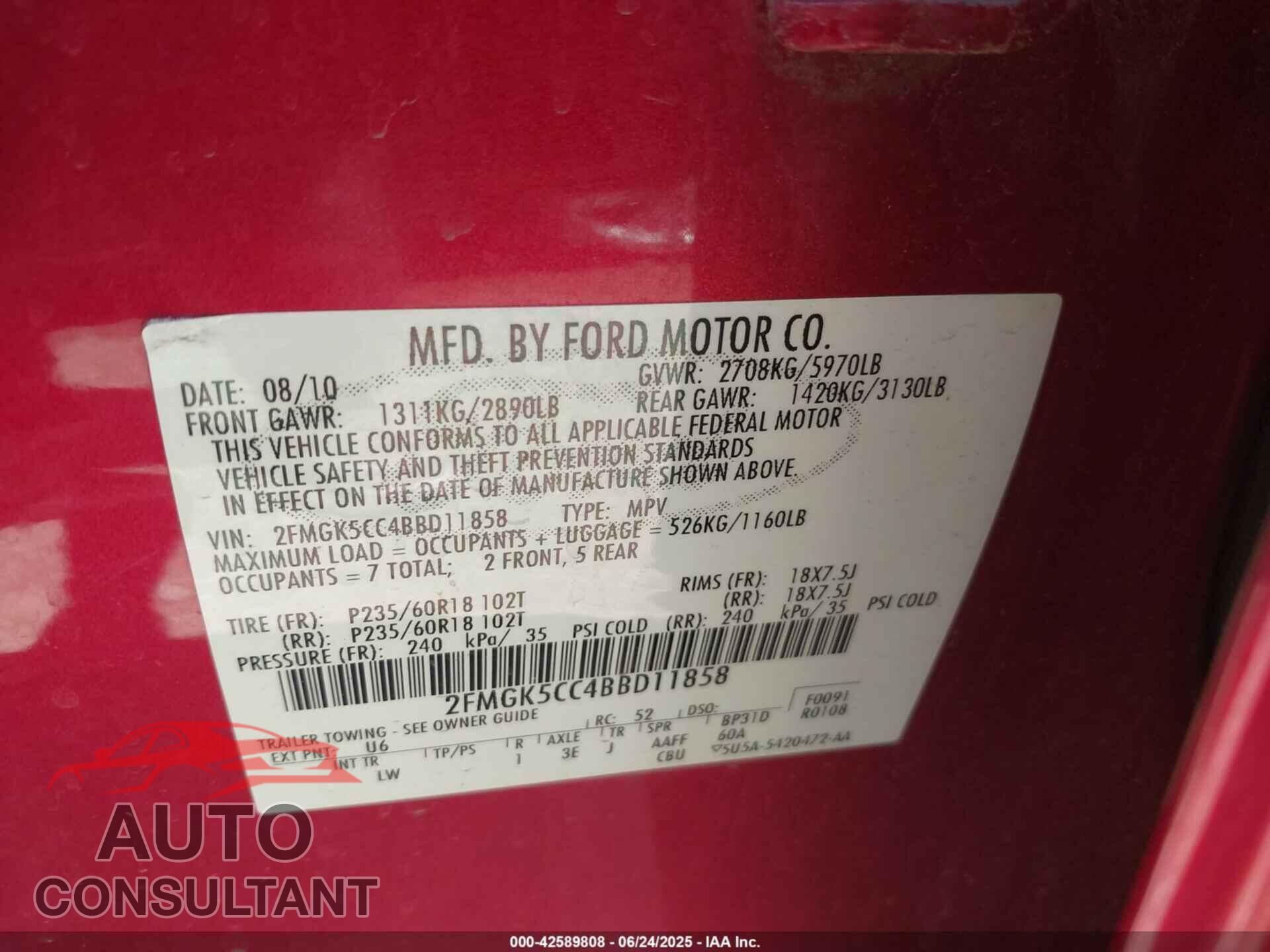 FORD FLEX 2011 - 2FMGK5CC4BBD11858