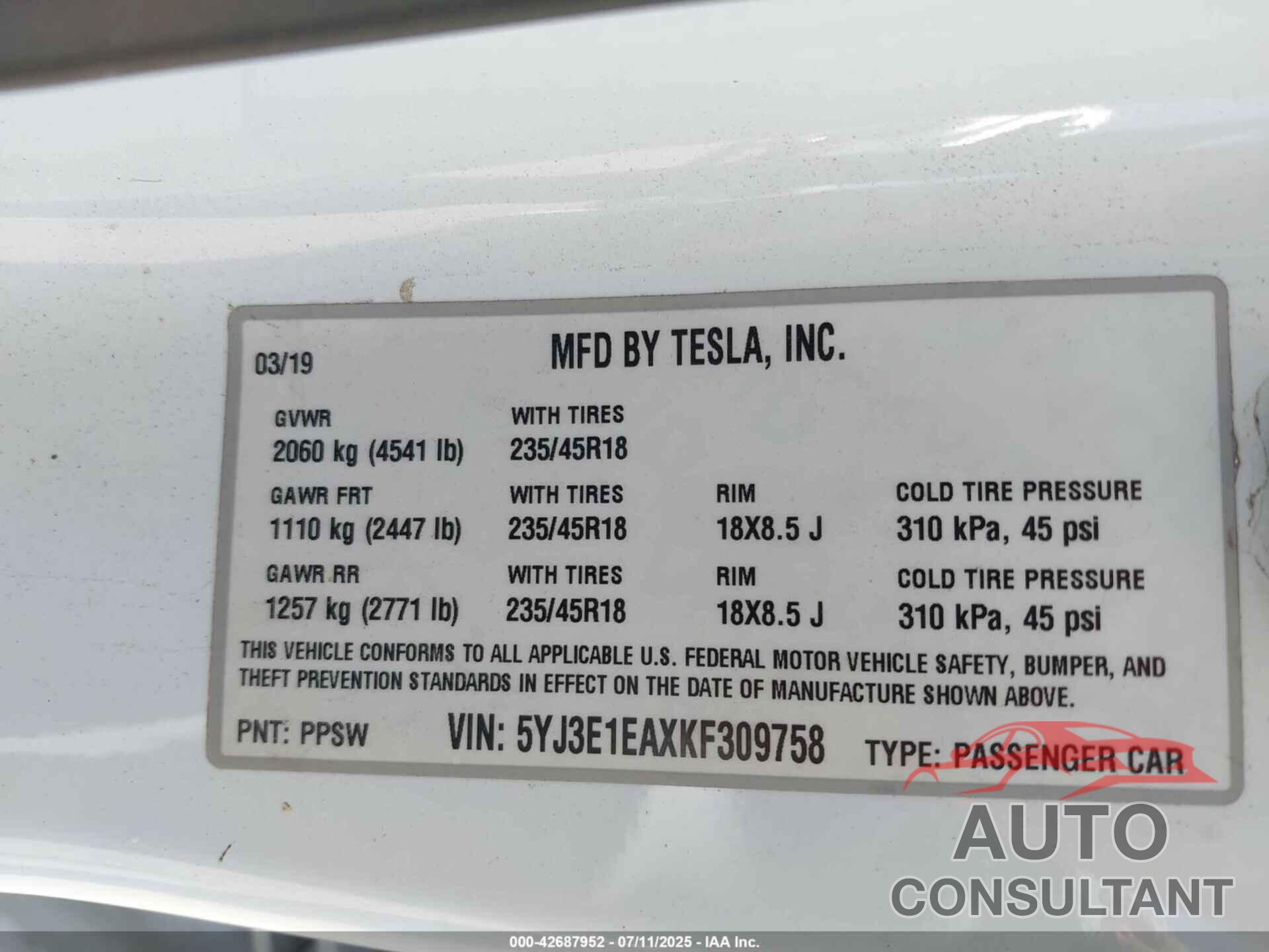 TESLA MODEL 3 2019 - 5YJ3E1EAXKF309758