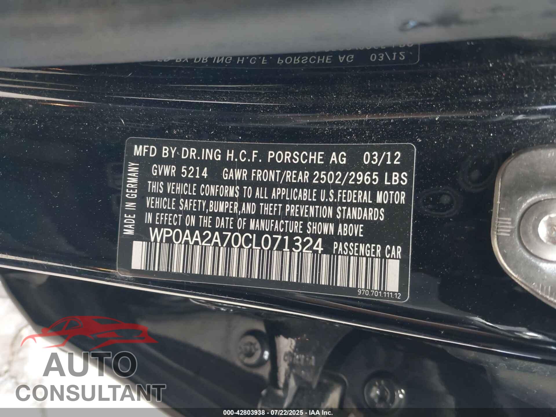 PORSCHE PANAMERA 2012 - WP0AA2A70CL071324