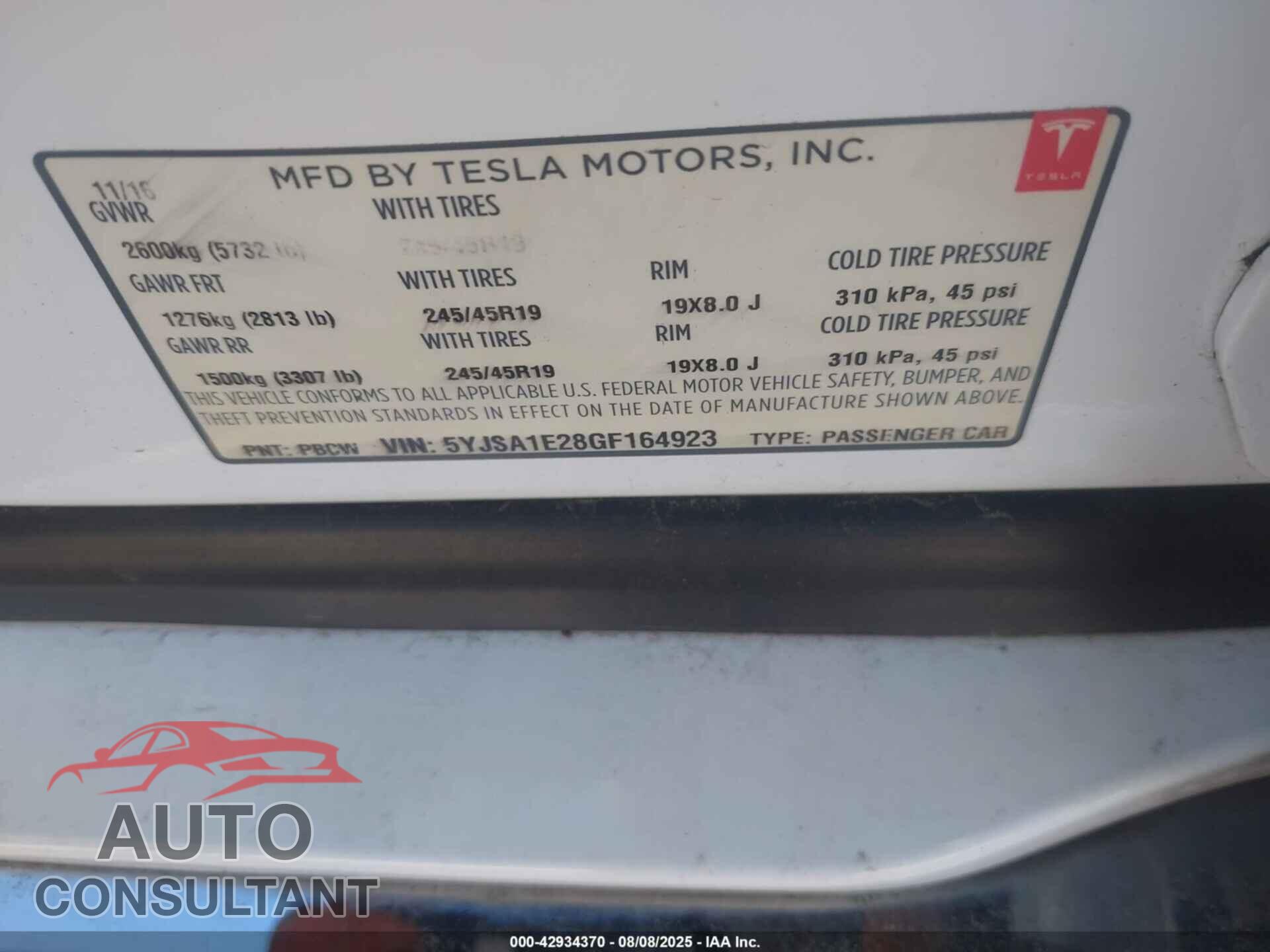 TESLA MODEL S 2016 - 5YJSA1E28GF164923