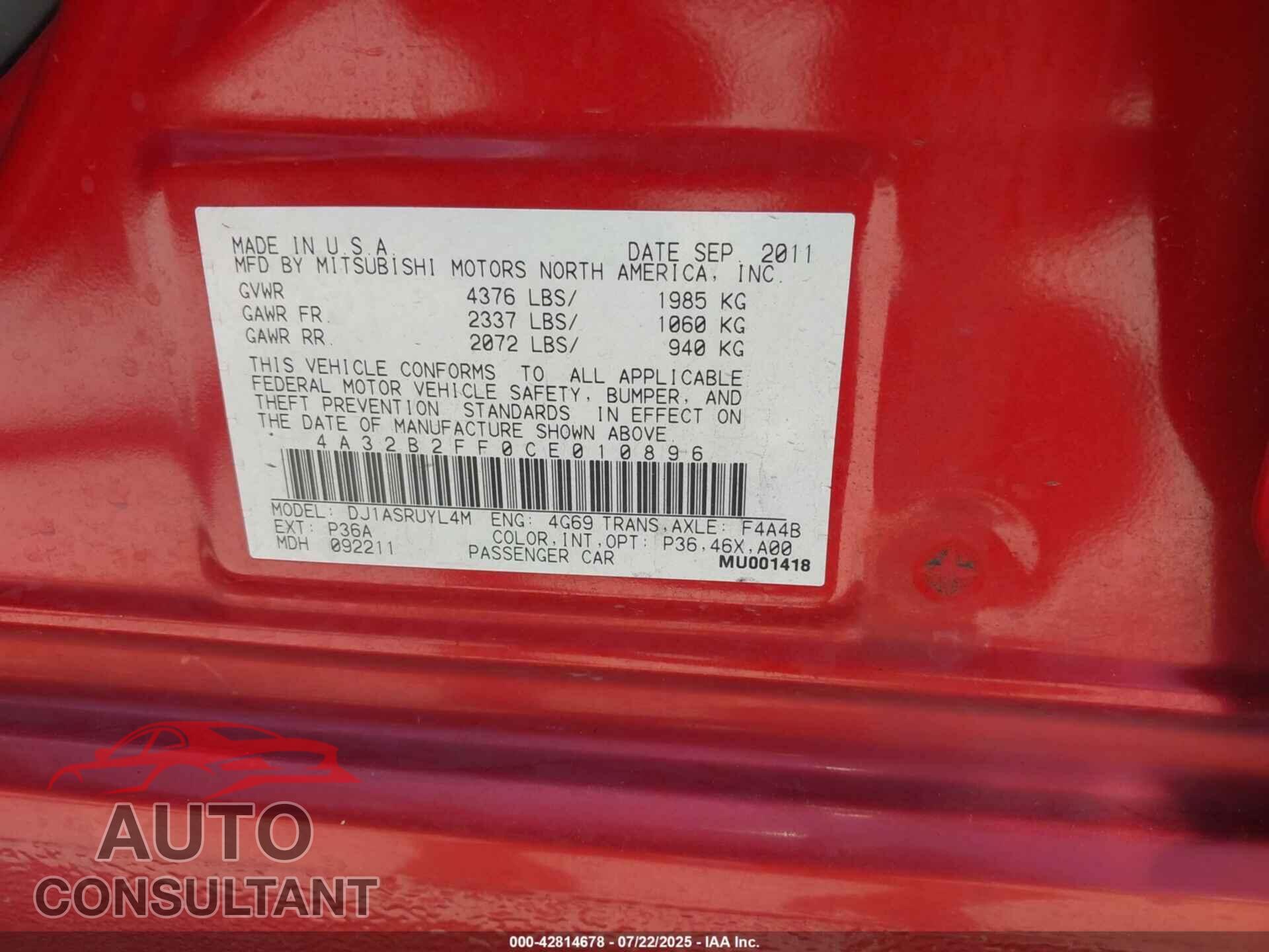 MITSUBISHI GALANT 2012 - 4A32B2FF0CE010896