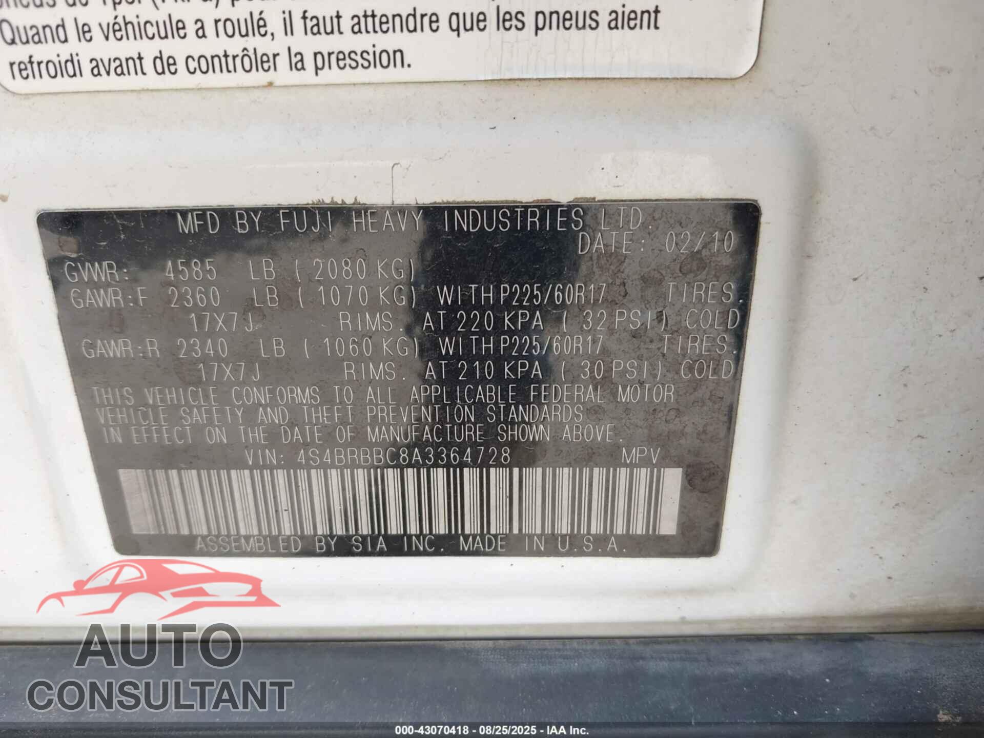 SUBARU OUTBACK 2010 - 4S4BRBBC8A3364728