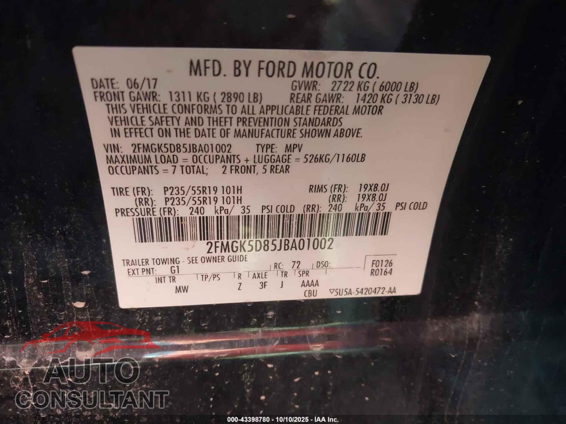 FORD FLEX 2018 - 2FMGK5D85JBA01002