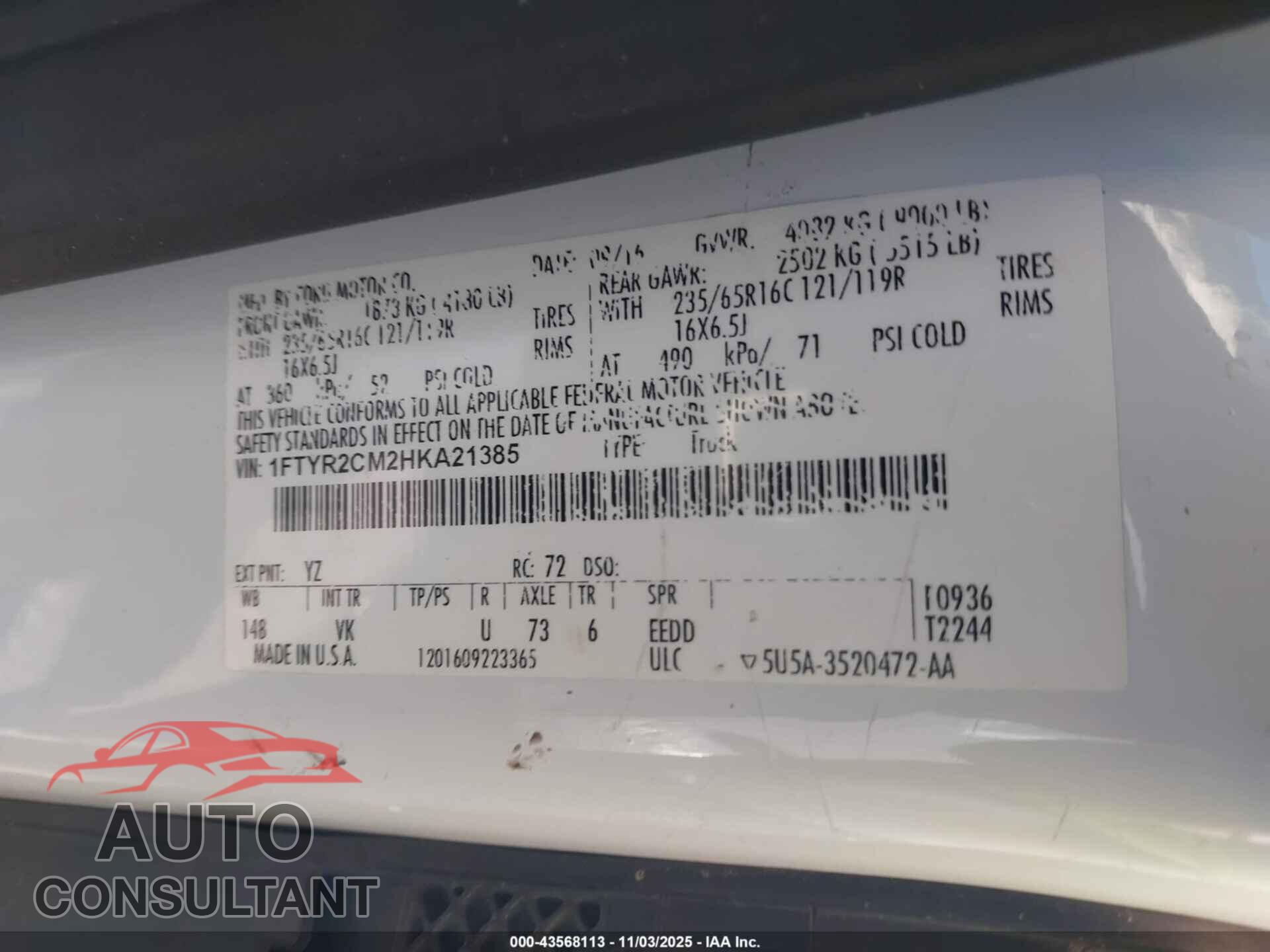 FORD TRANSIT-250 2017 - 1FTYR2CM2HKA21385