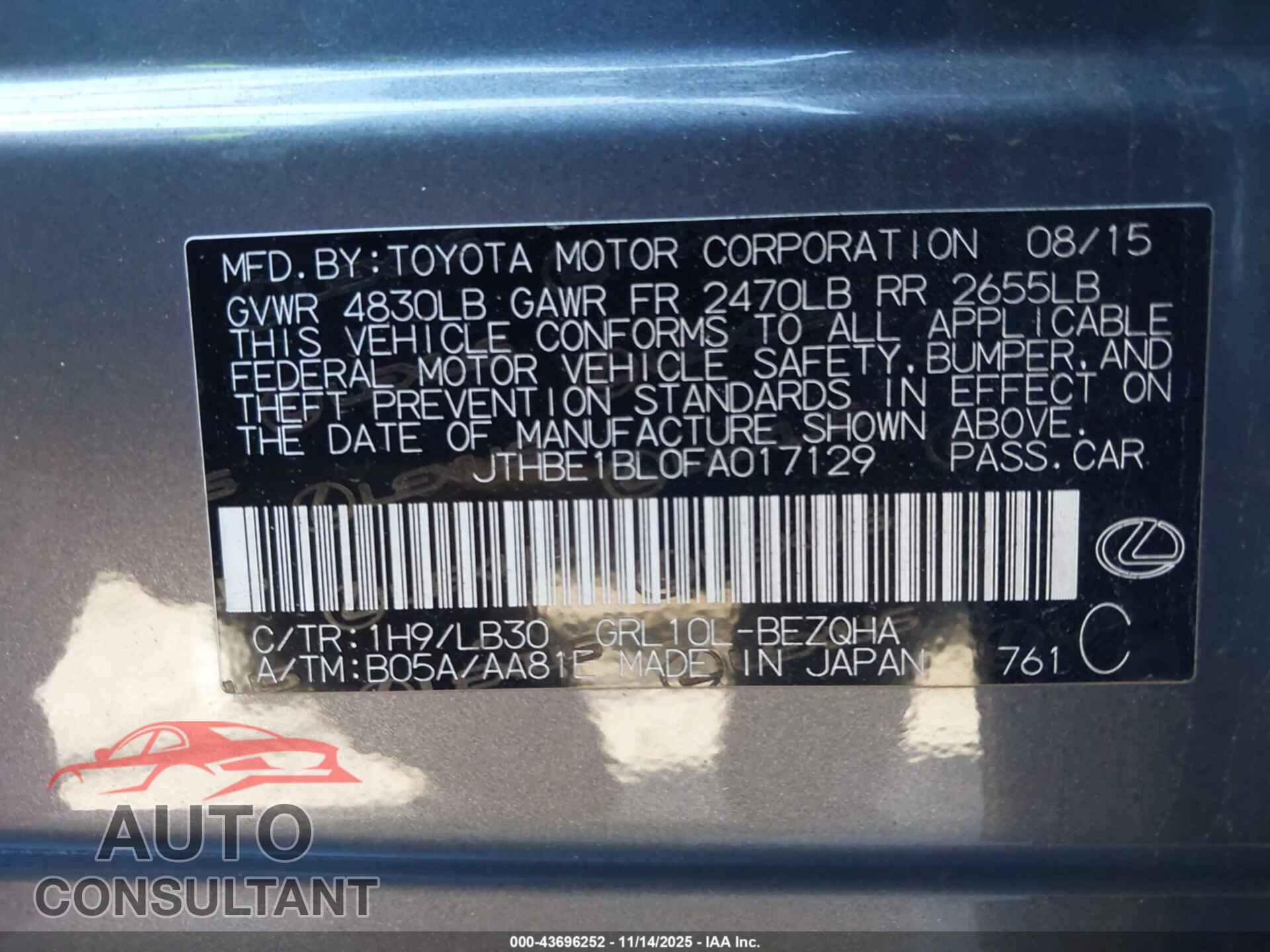 LEXUS GS 350 2015 - JTHBE1BL0FA017129