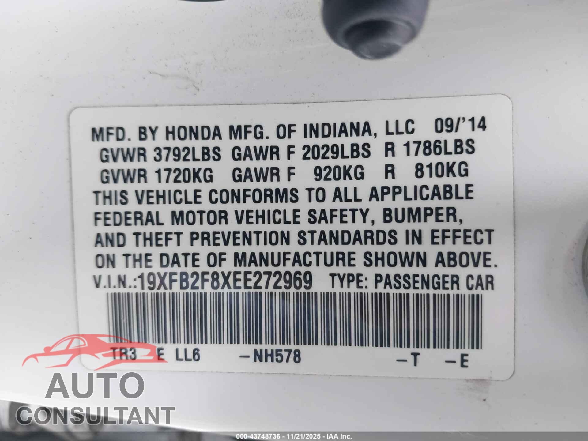 HONDA CIVIC 2014 - 19XFB2F8XEE272969
