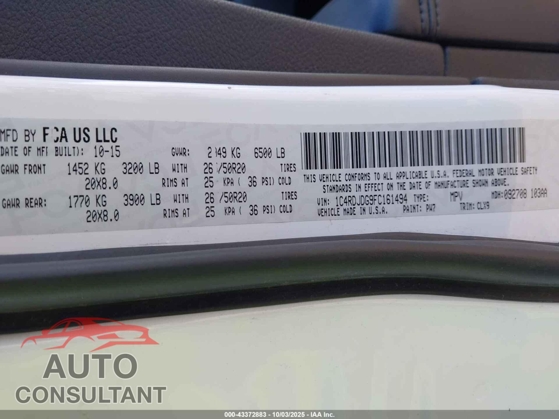 DODGE DURANGO 2015 - 1C4RDJDG9FC161494