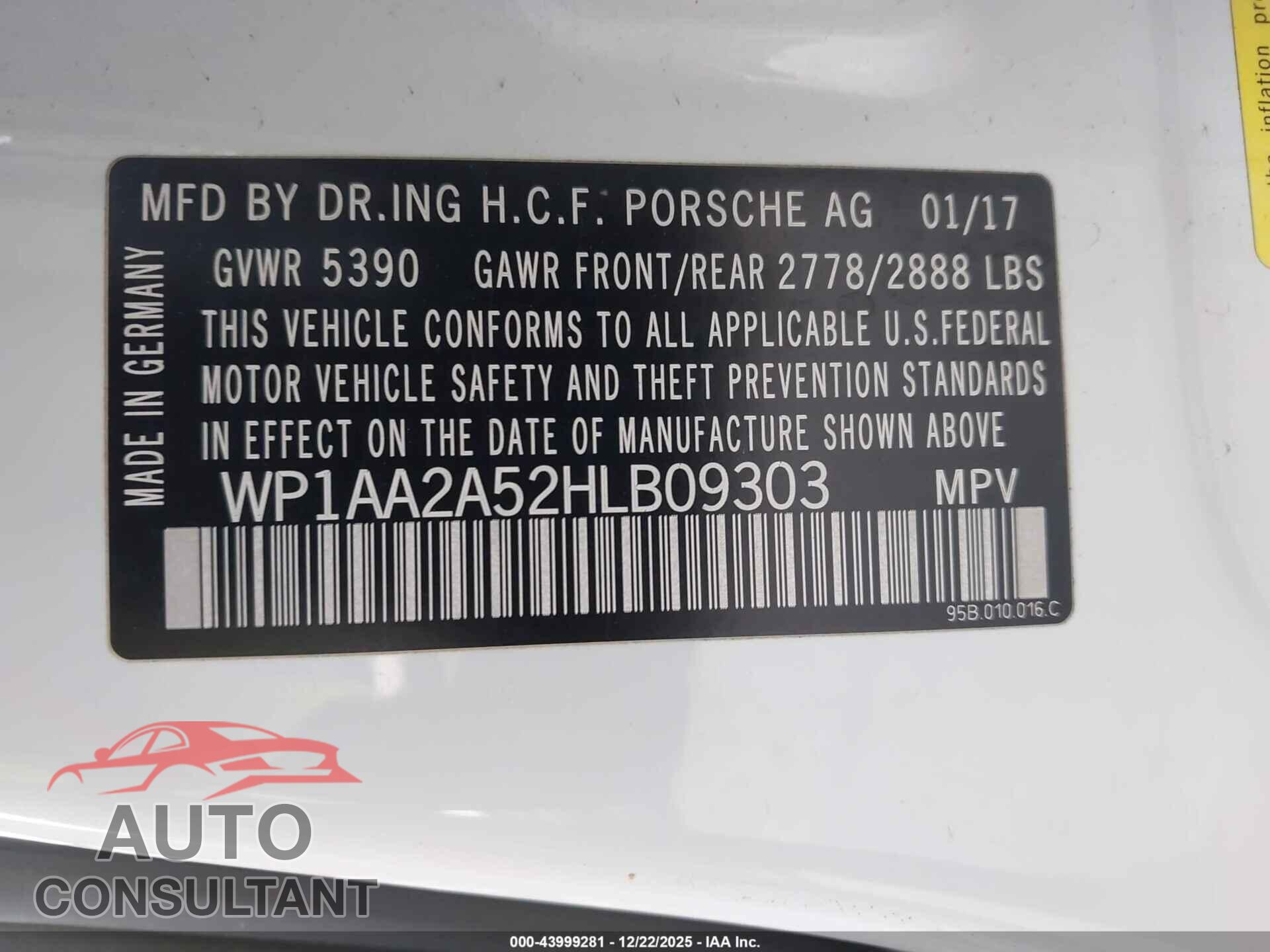 PORSCHE MACAN 2017 - WP1AA2A52HLB09303
