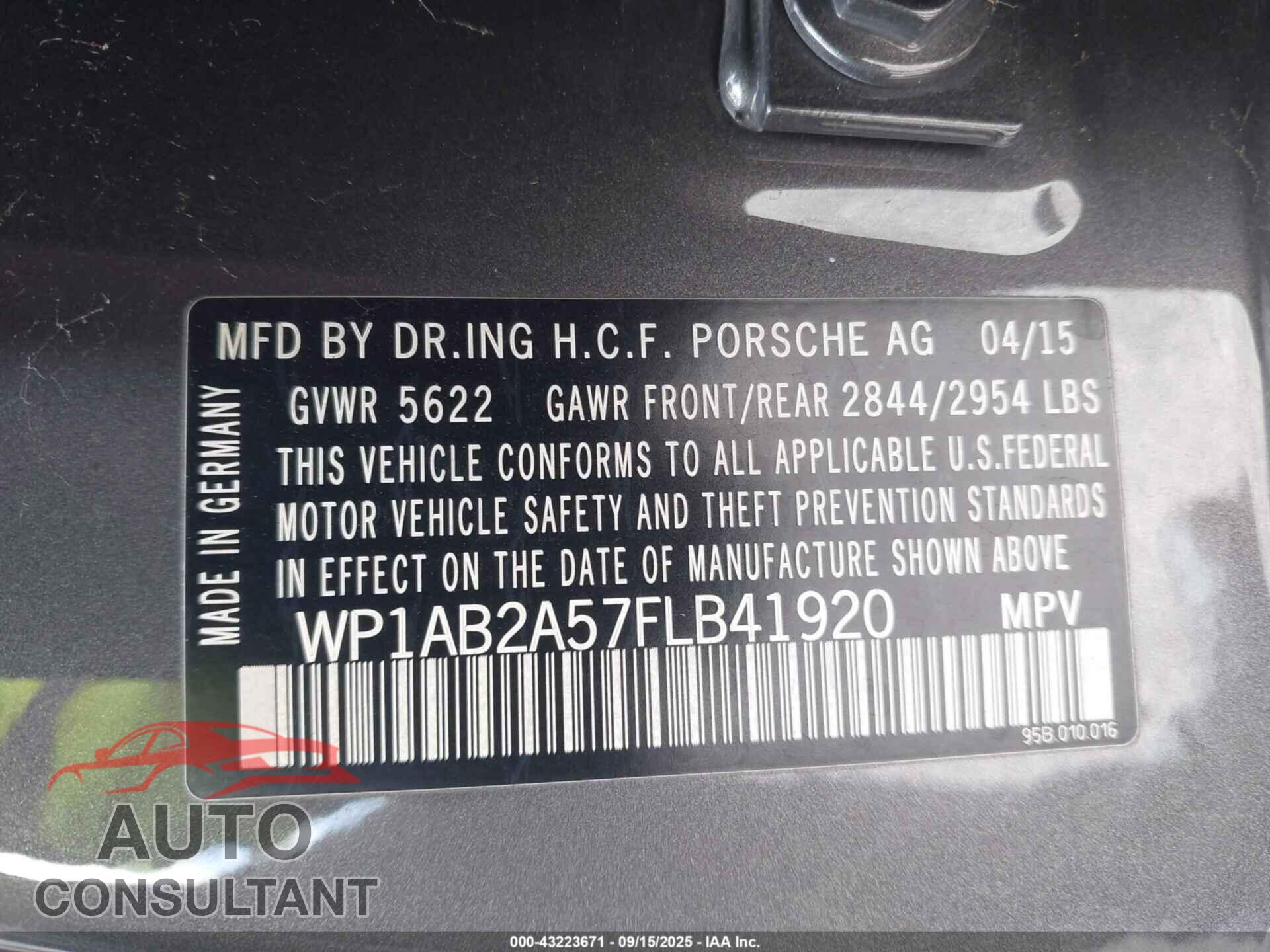 PORSCHE MACAN 2015 - WP1AB2A57FLB41920