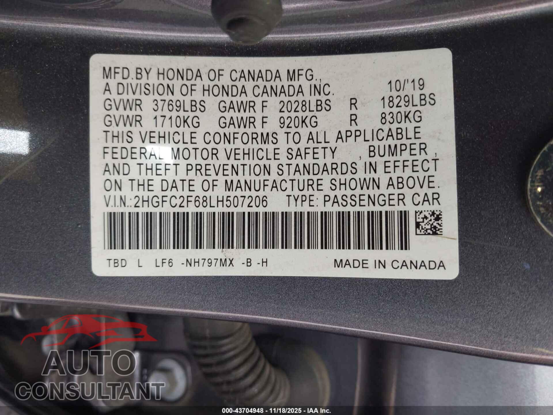 HONDA CIVIC 2020 - 2HGFC2F68LH507206