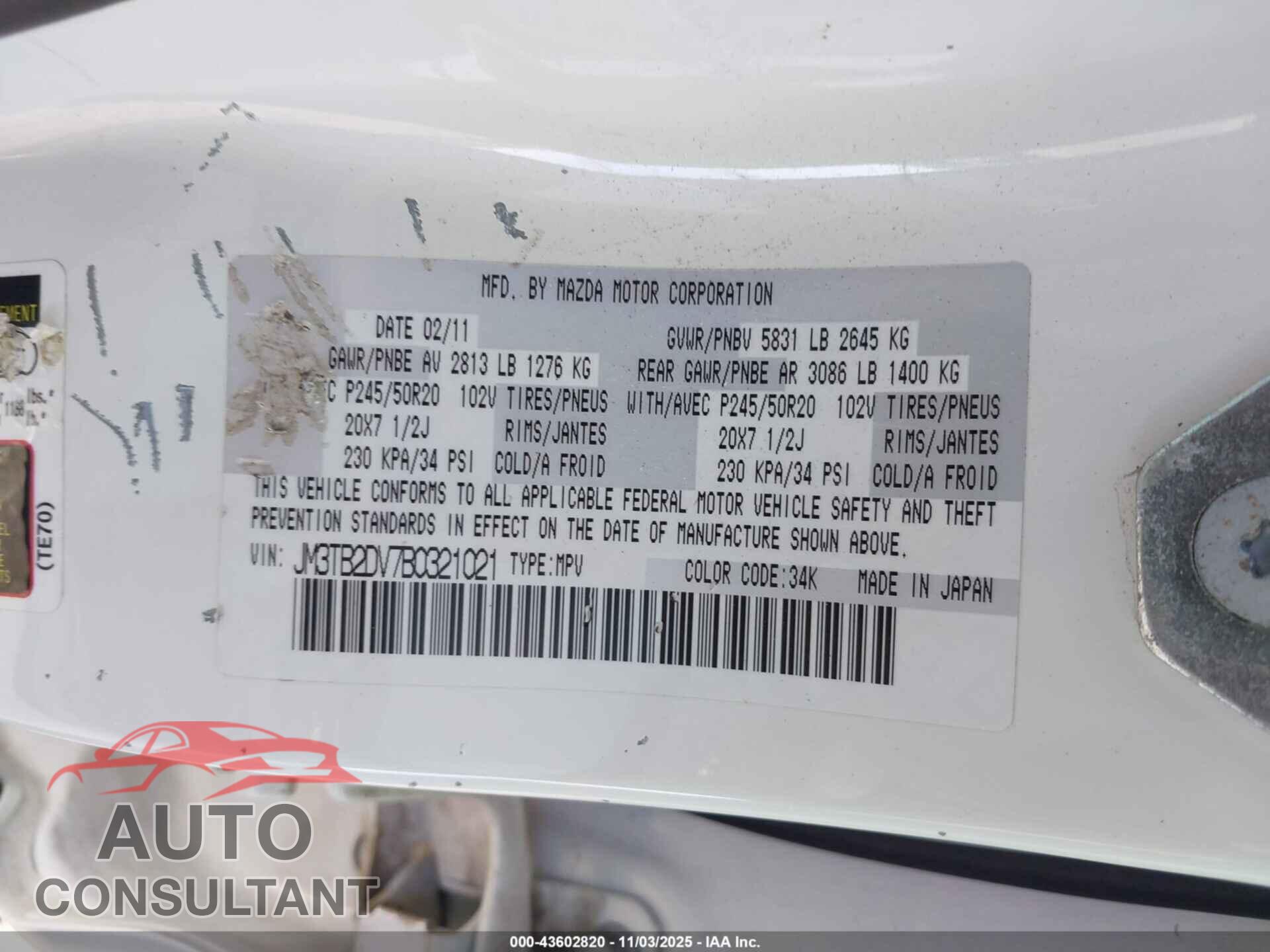 MAZDA CX-9 2011 - JM3TB2DV7B0321021