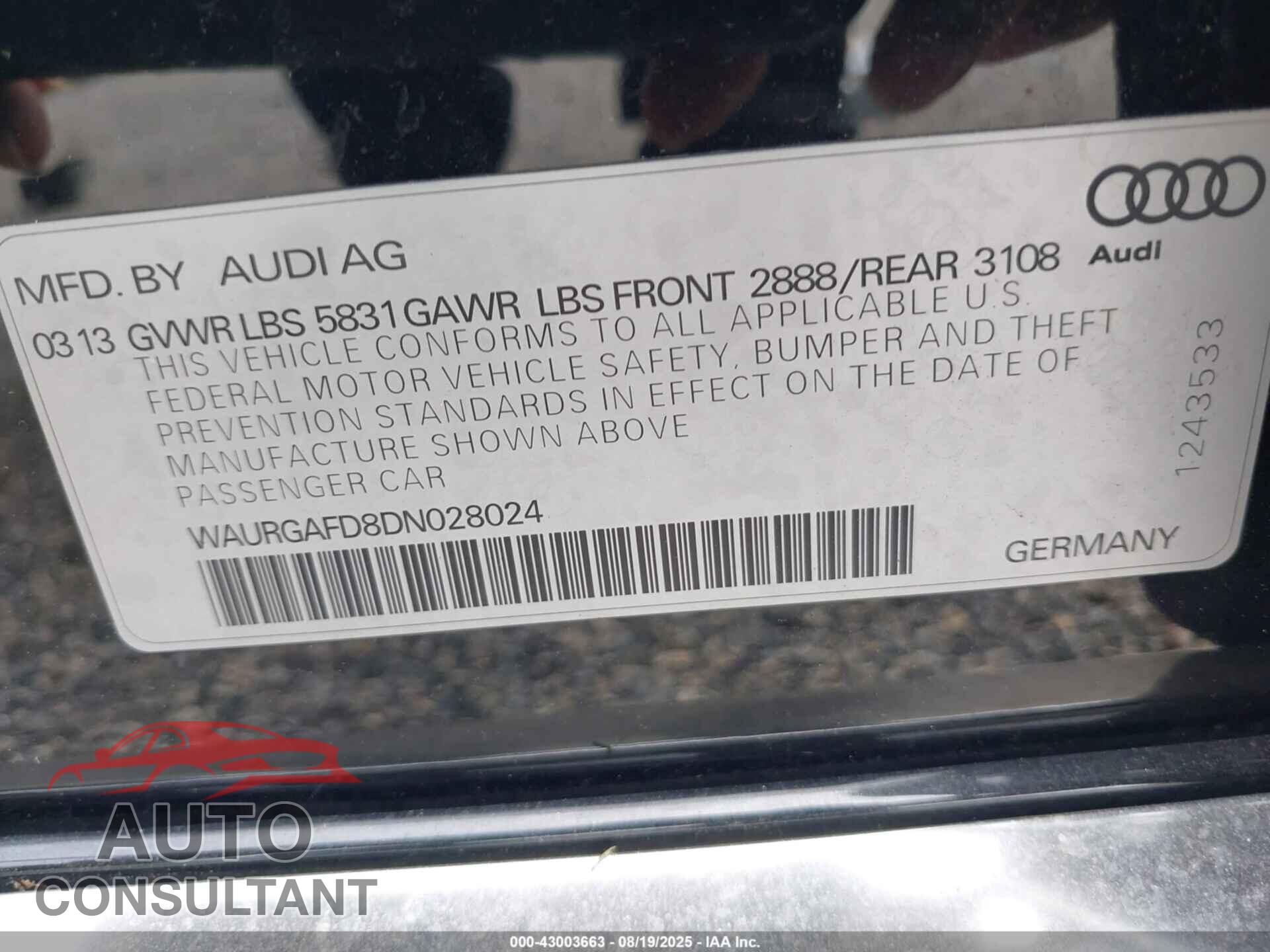 AUDI A8 L 2013 - WAURGAFD8DN028024
