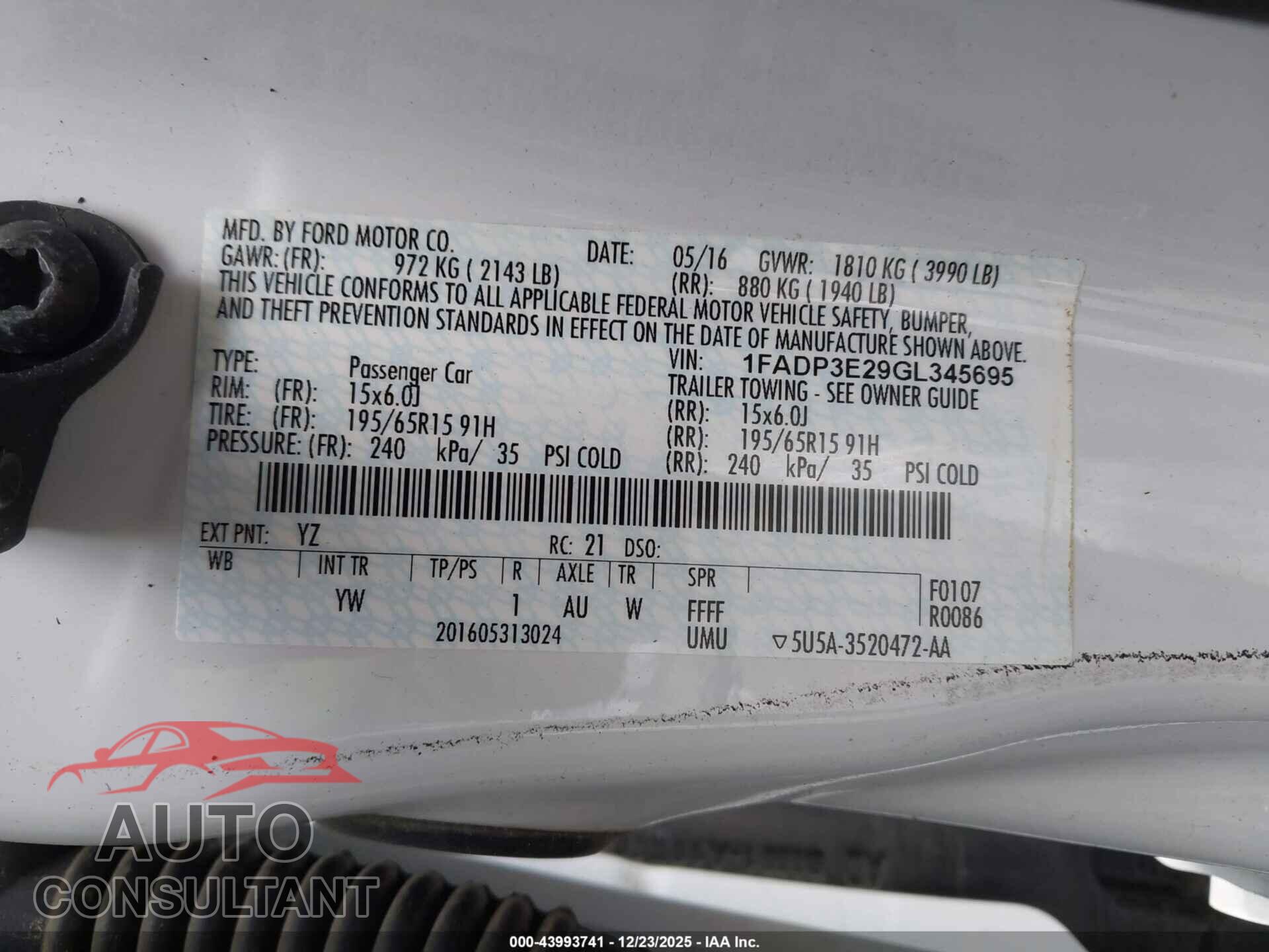 FORD FOCUS 2016 - 1FADP3E29GL345695
