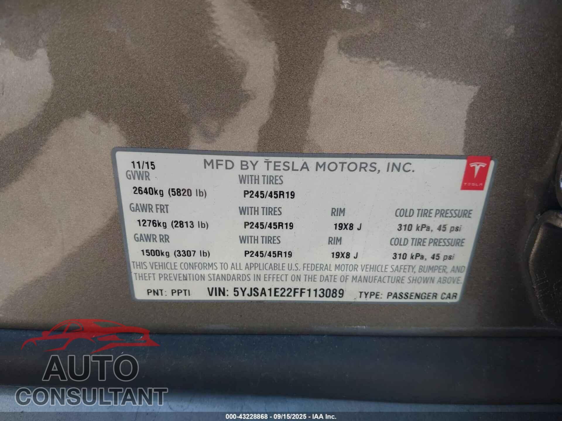 TESLA MODEL S 2015 - 5YJSA1E22FF113089