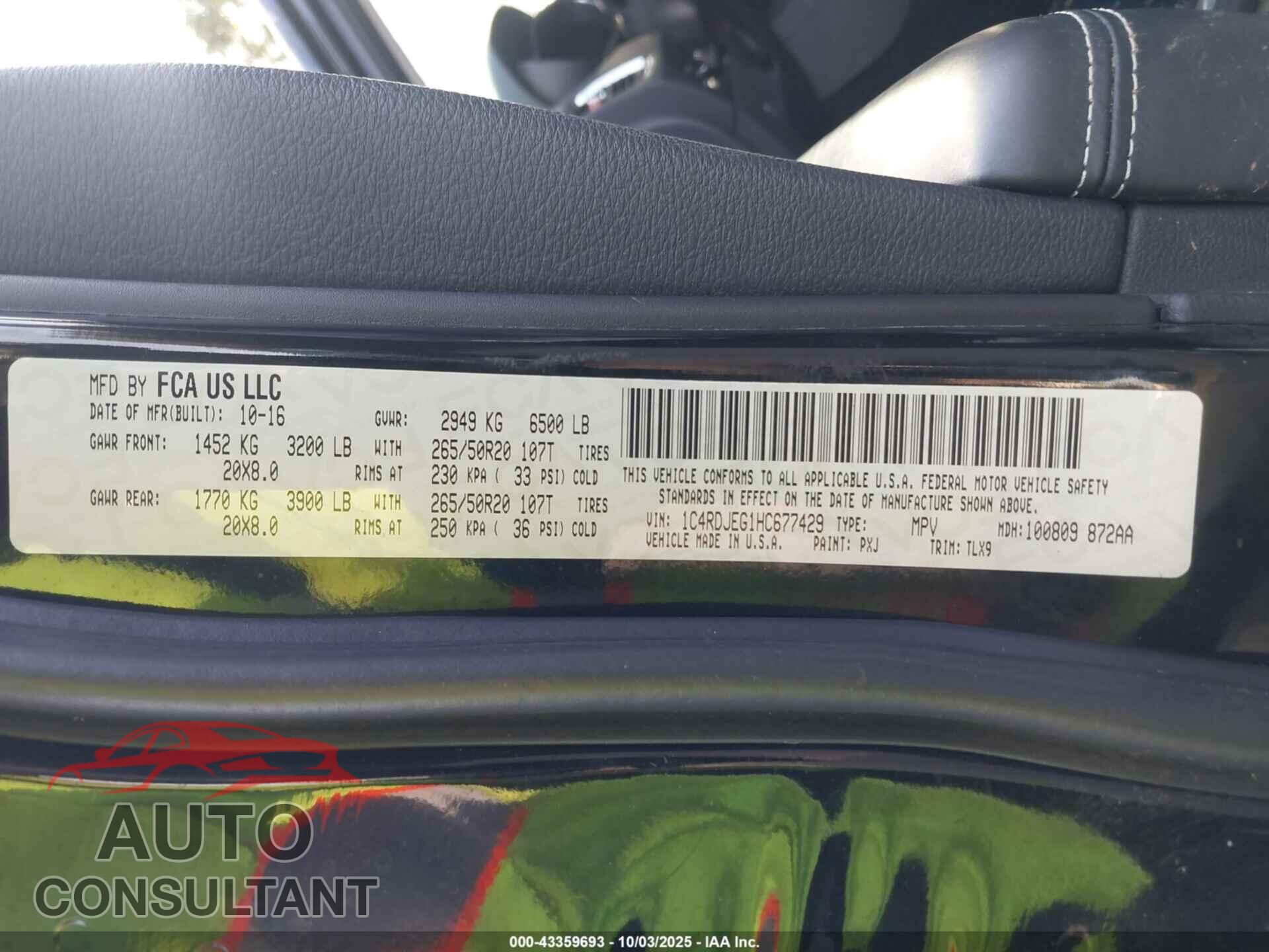 DODGE DURANGO 2017 - 1C4RDJEG1HC677429