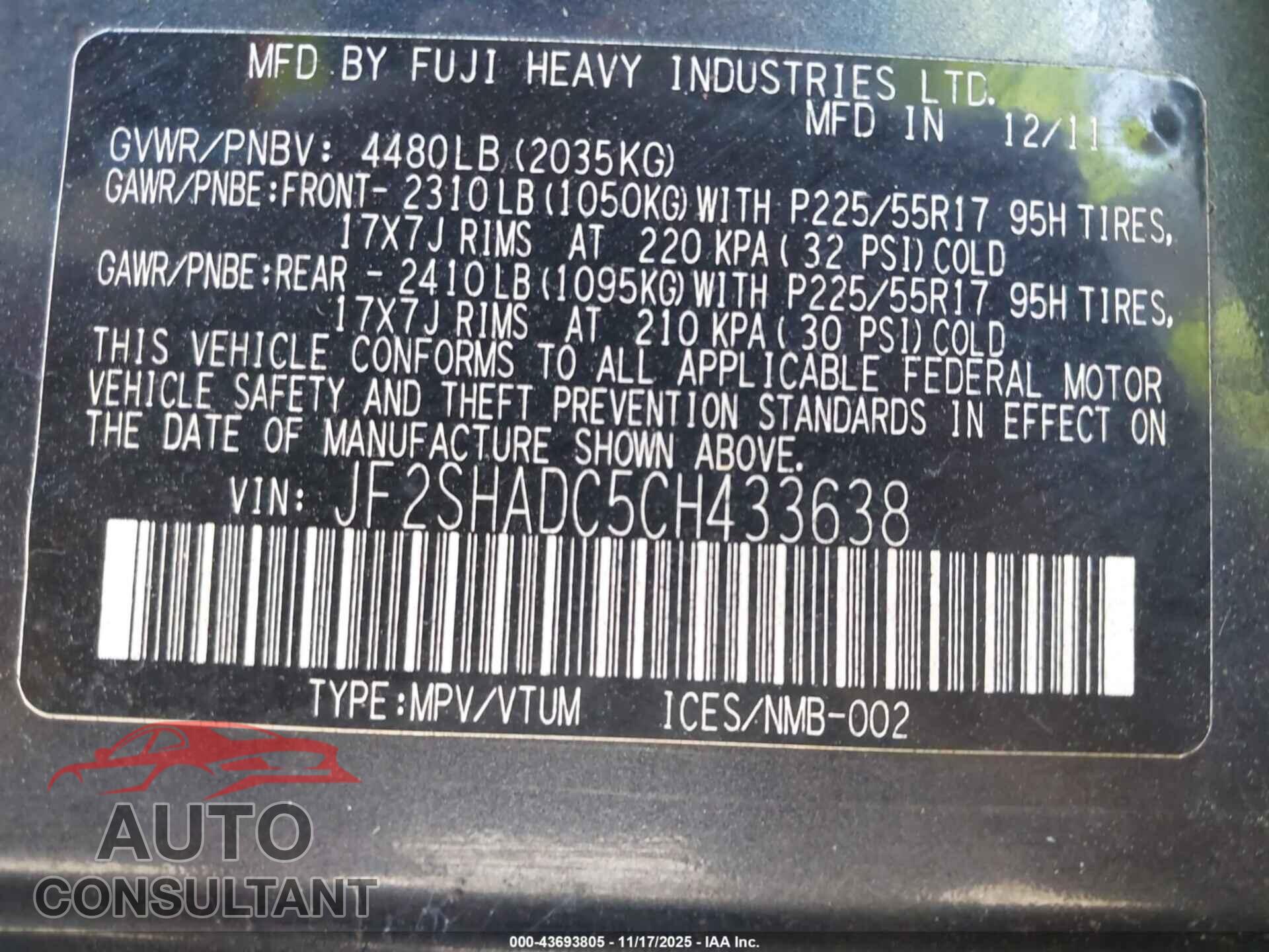 SUBARU FORESTER 2012 - JF2SHADC5CH433638