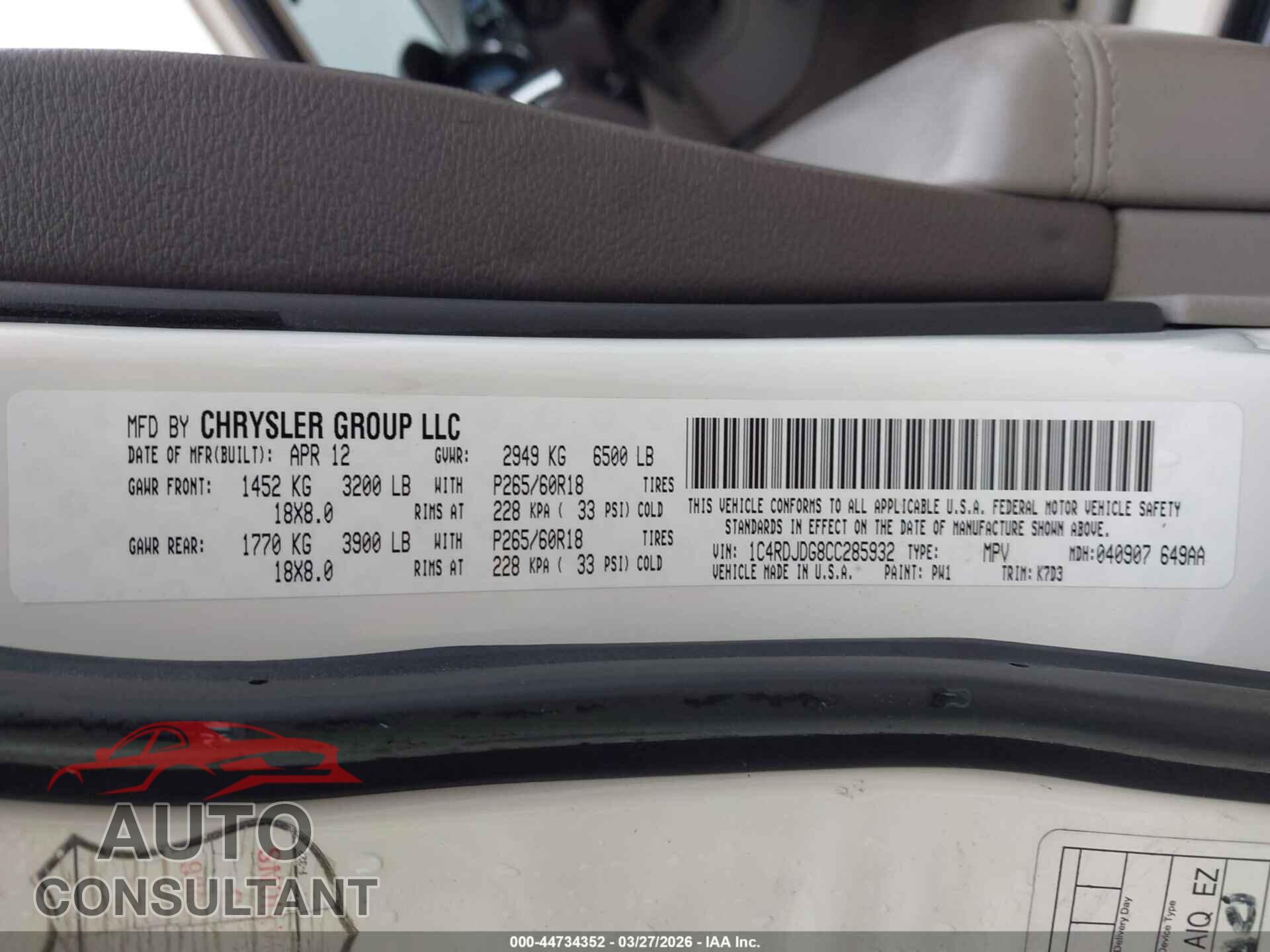 DODGE DURANGO 2012 - 1C4RDJDG8CC285932
