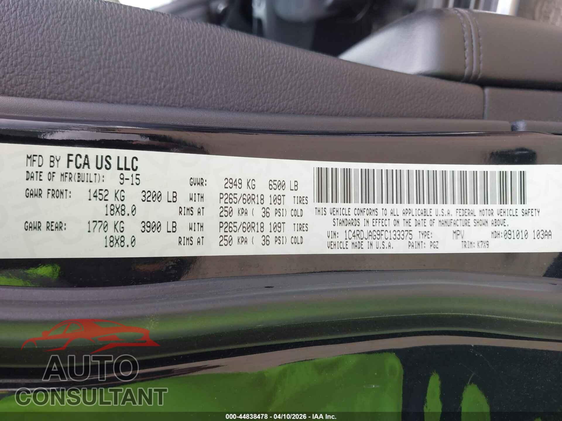 DODGE DURANGO 2015 - 1C4RDJAG9FC133375