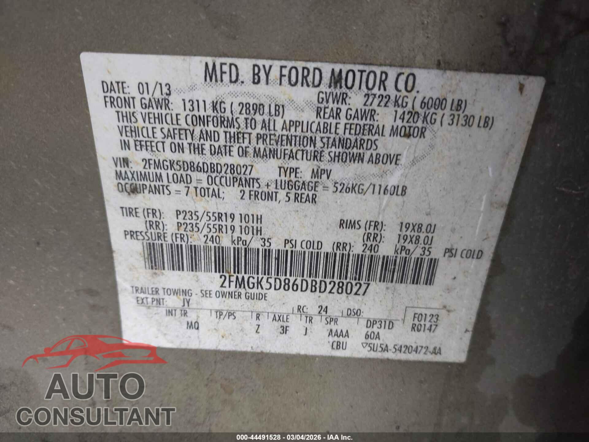 FORD FLEX 2013 - 2FMGK5D86DBD28027