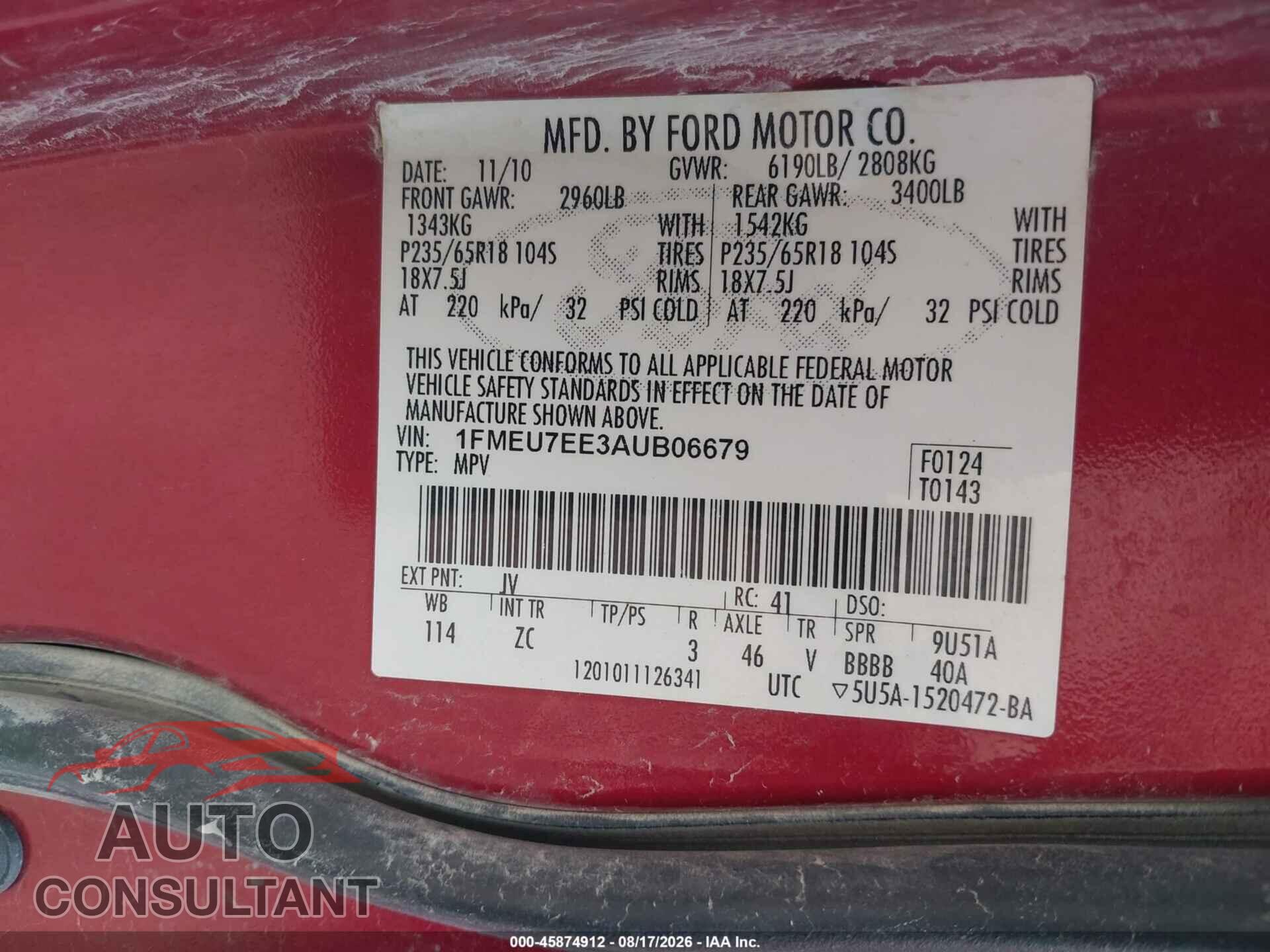 FORD EXPLORER 2010 - 1FMEU7EE3AUB06679