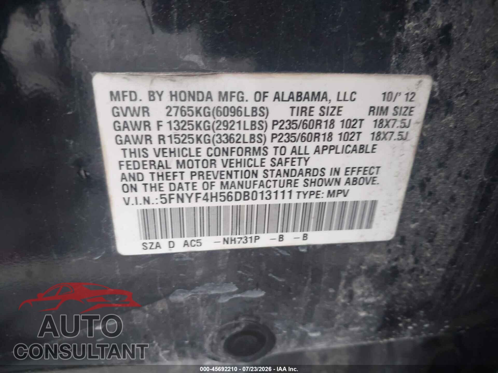HONDA PILOT 2013 - 5FNYF4H56DB013111