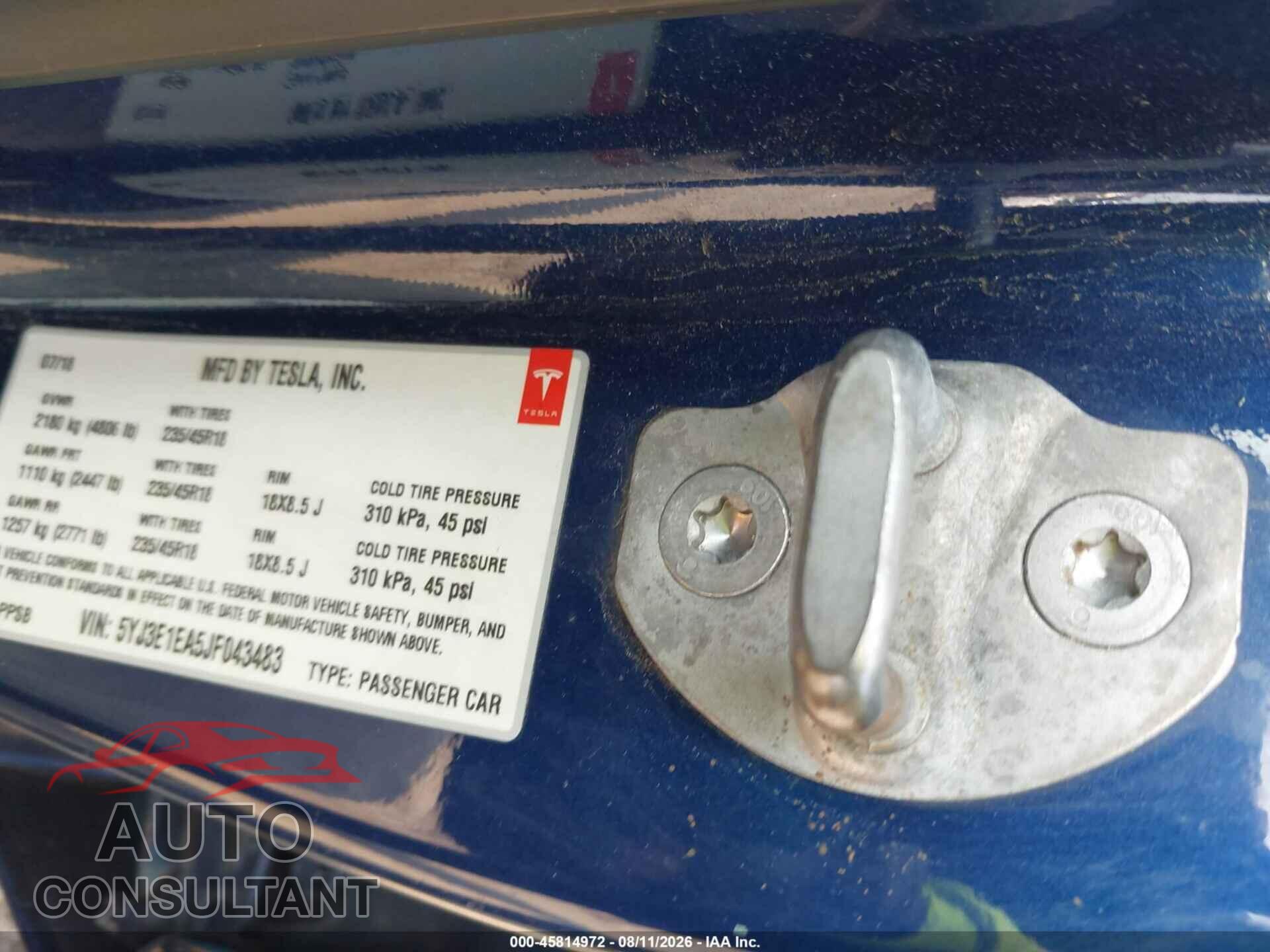 TESLA MODEL 3 2018 - 5YJ3E1EA5JF043483