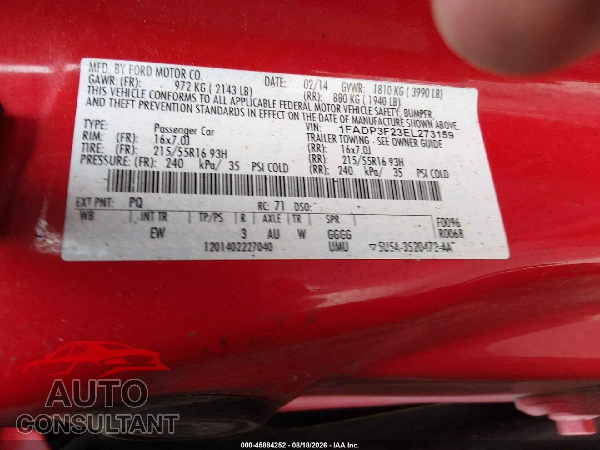 FORD FOCUS 2014 - 1FADP3F23EL273159