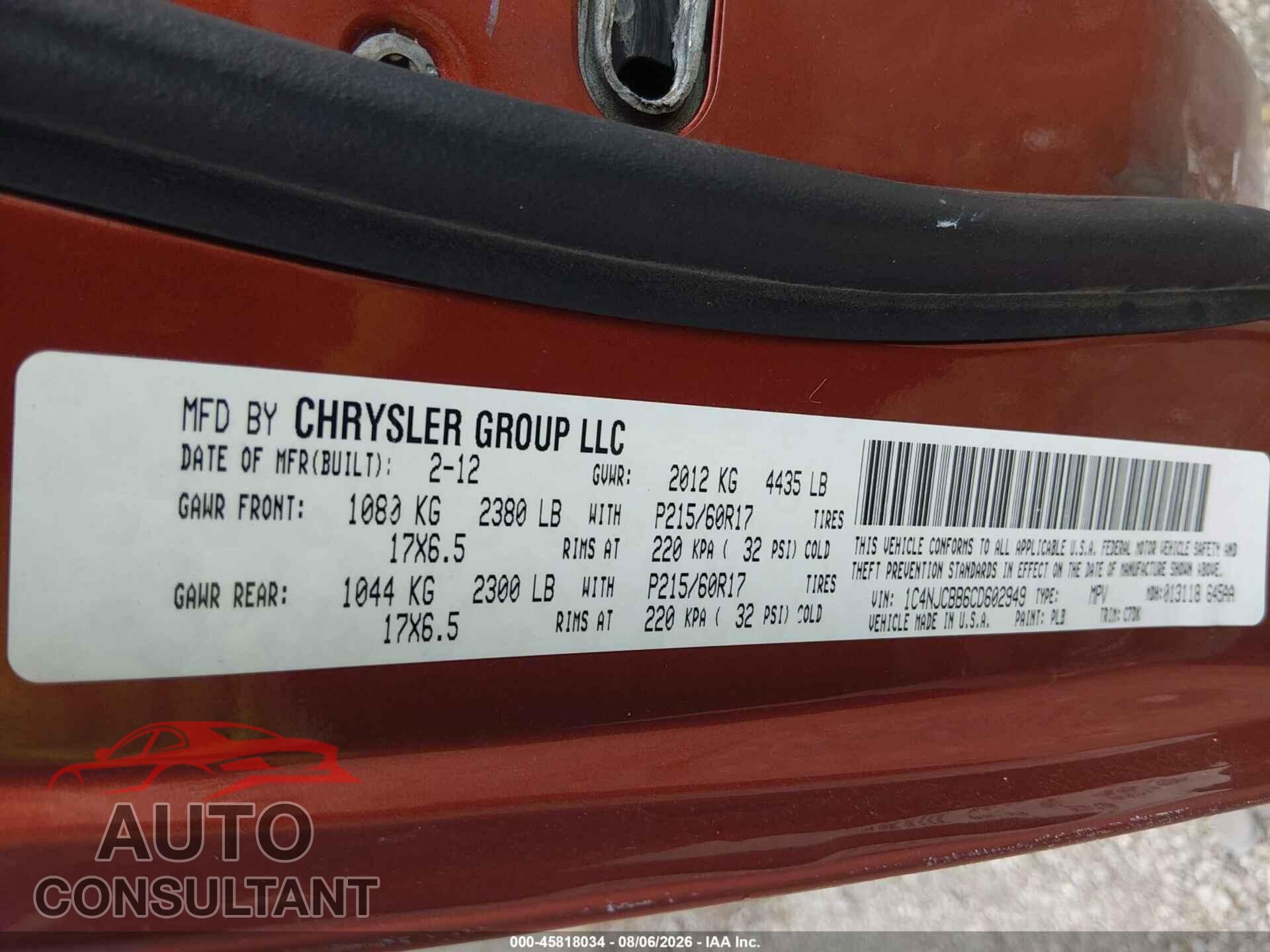 JEEP COMPASS 2012 - 1C4NJCBB6CD602949