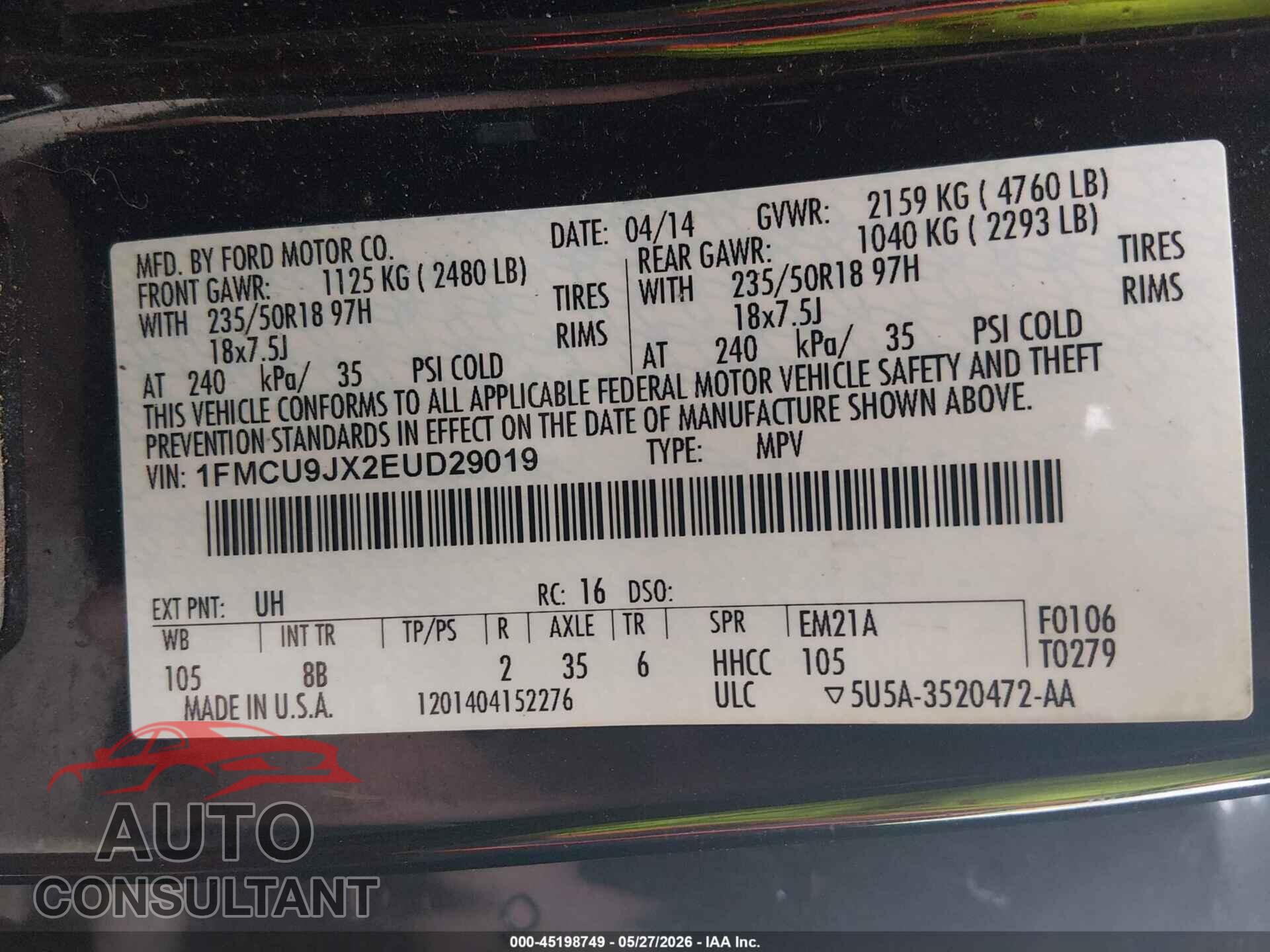 FORD ESCAPE 2014 - 1FMCU9JX2EUD29019
