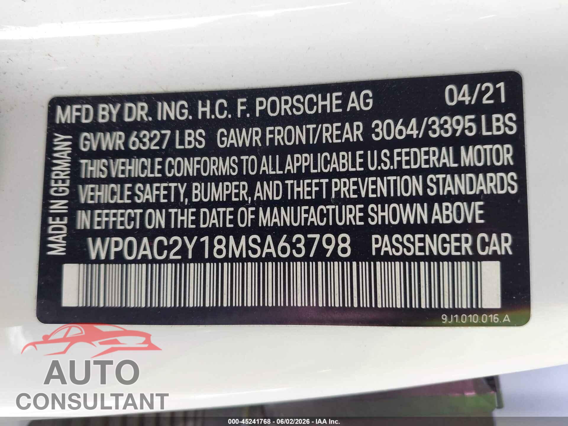 PORSCHE TAYCAN 2021 - WP0AC2Y18MSA63798