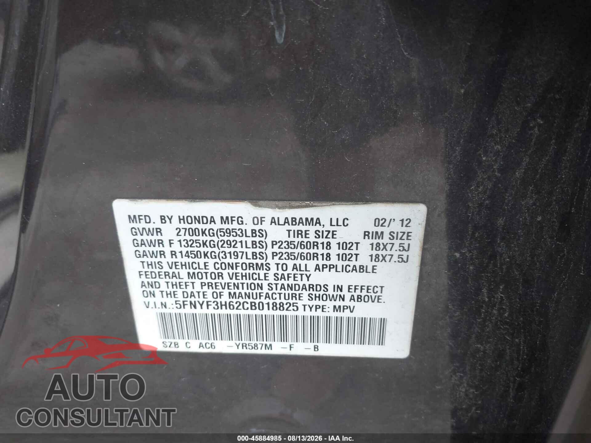 HONDA PILOT 2012 - 5FNYF3H62CB018825