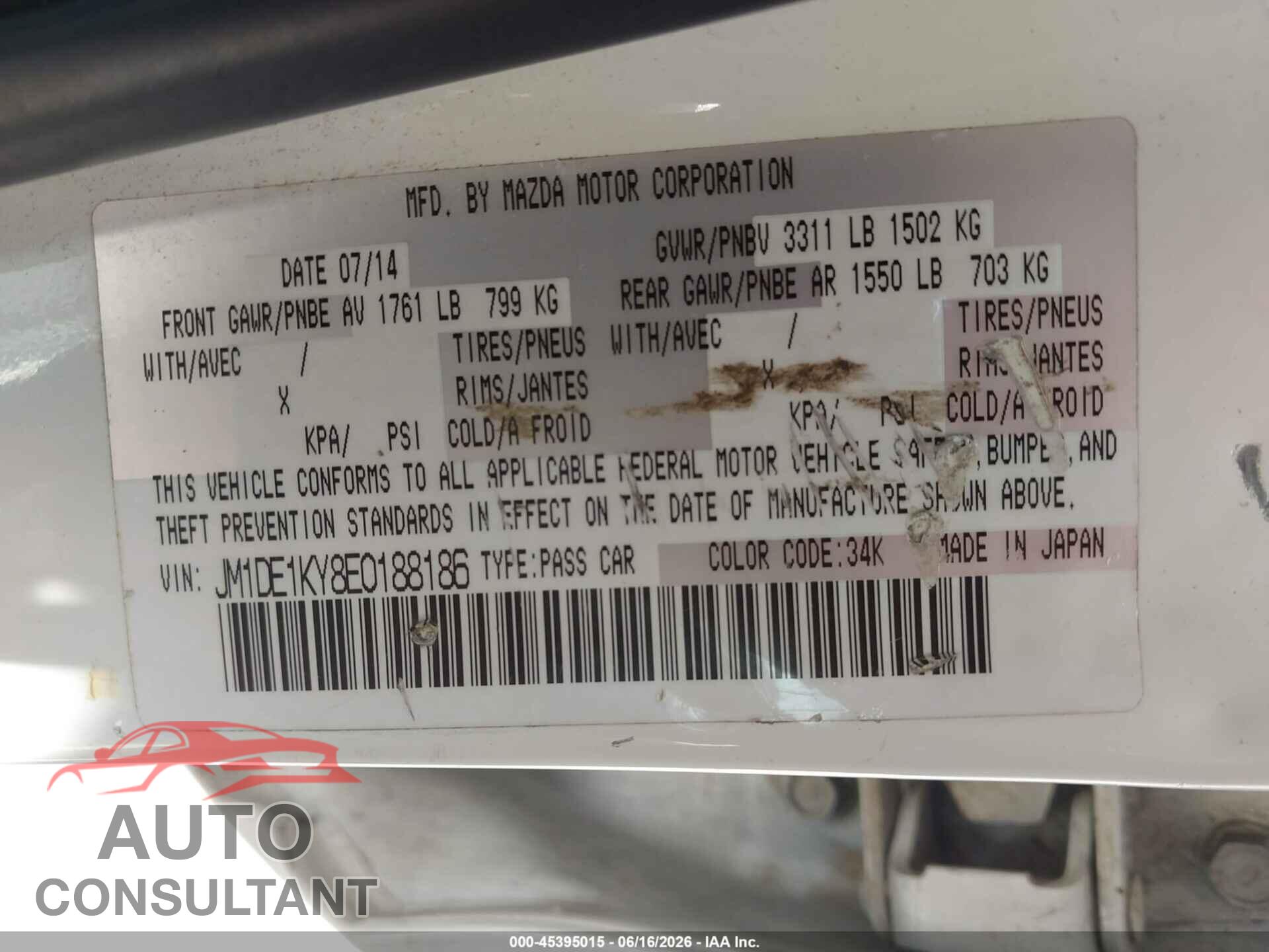 MAZDA MAZDA2 2014 - JM1DE1KY8E0188186